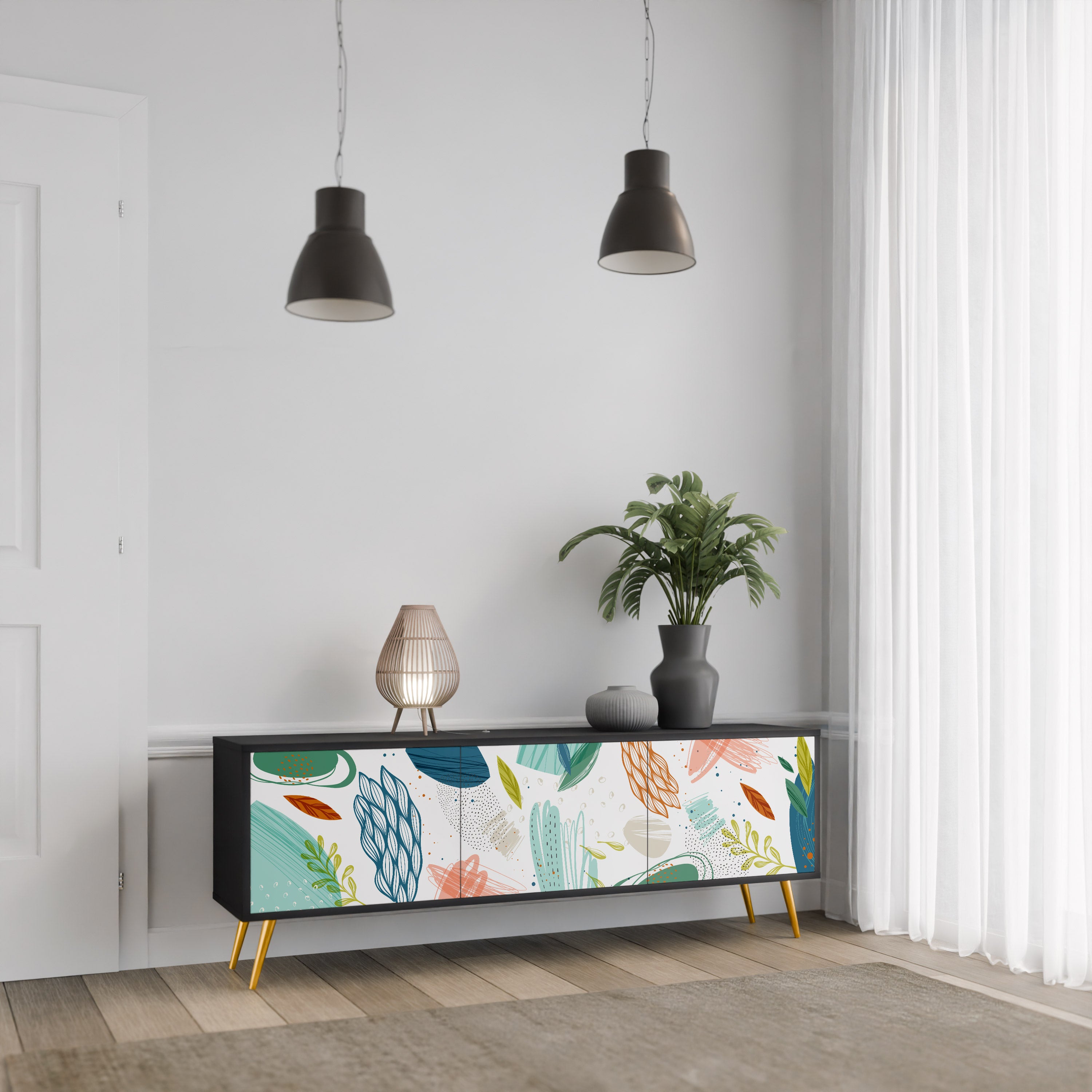 Mueble de TV de 3 puertas BOTANICAL HURRICANE con acabado negro