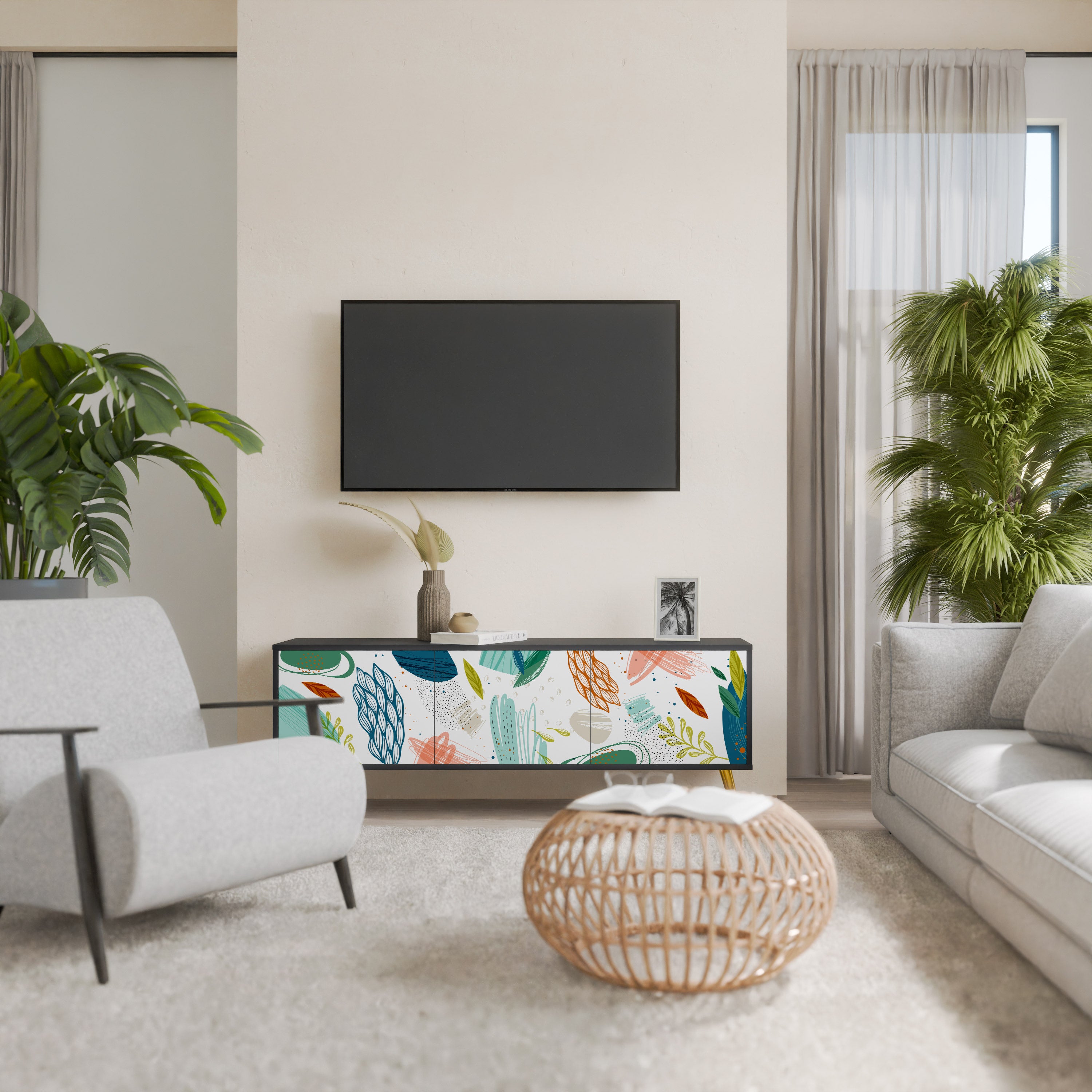 Mueble de TV de 3 puertas BOTANICAL HURRICANE con acabado negro