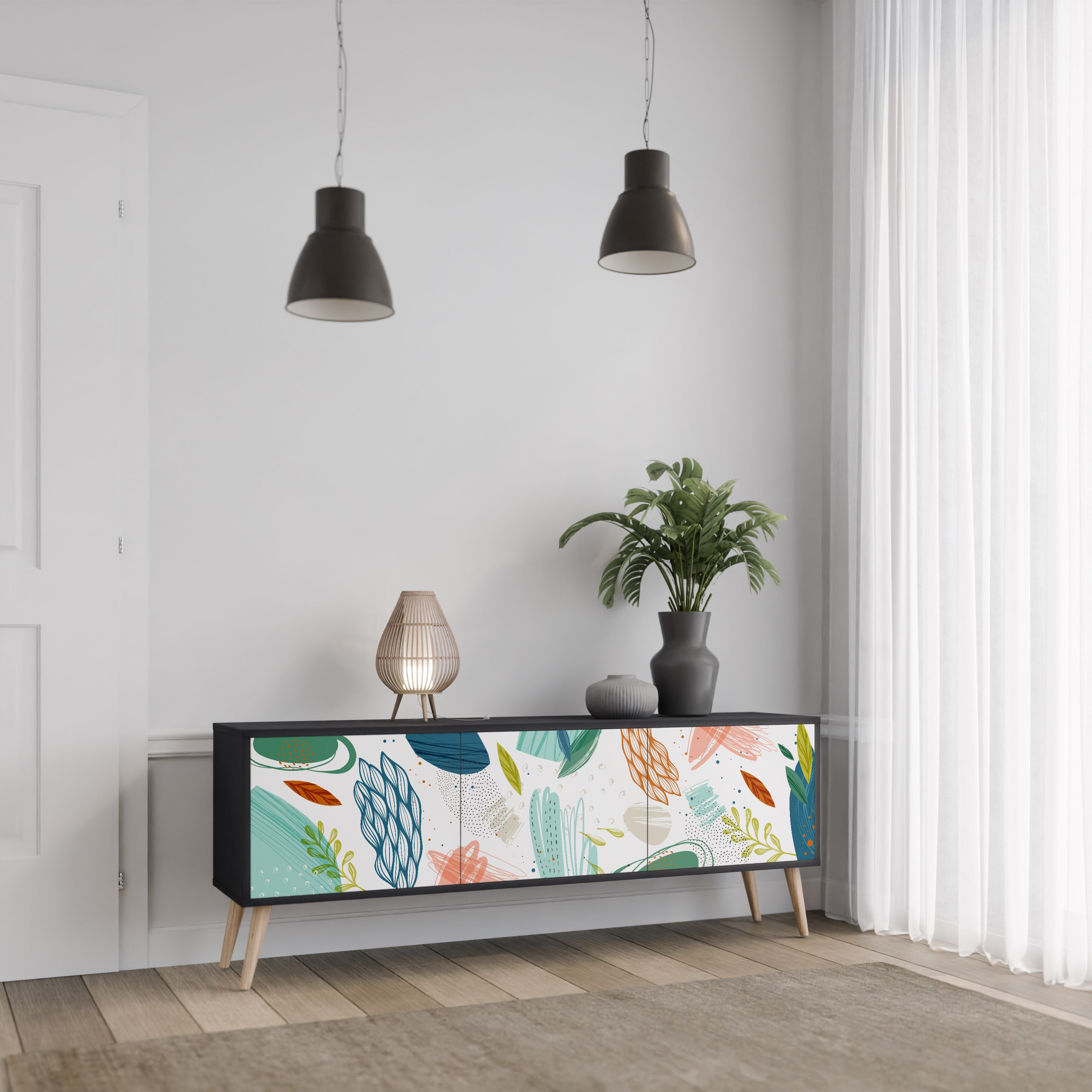 Mueble de TV de 3 puertas BOTANICAL HURRICANE con acabado negro