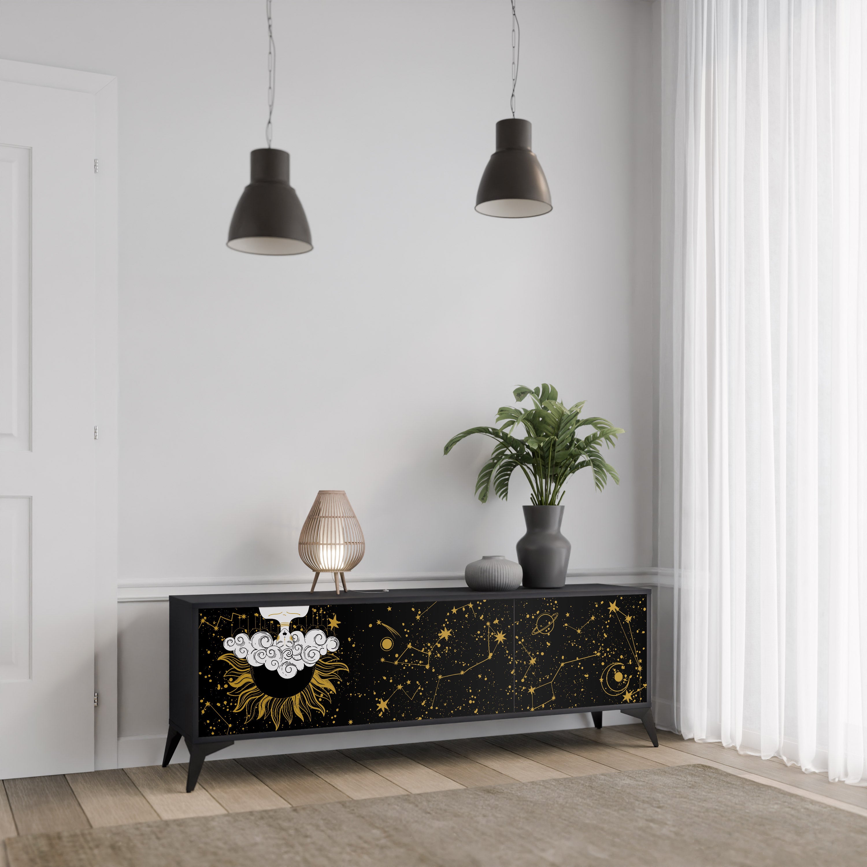 Mueble de TV STELLAR CONSTELLATIONS de 3 puertas con acabado negro