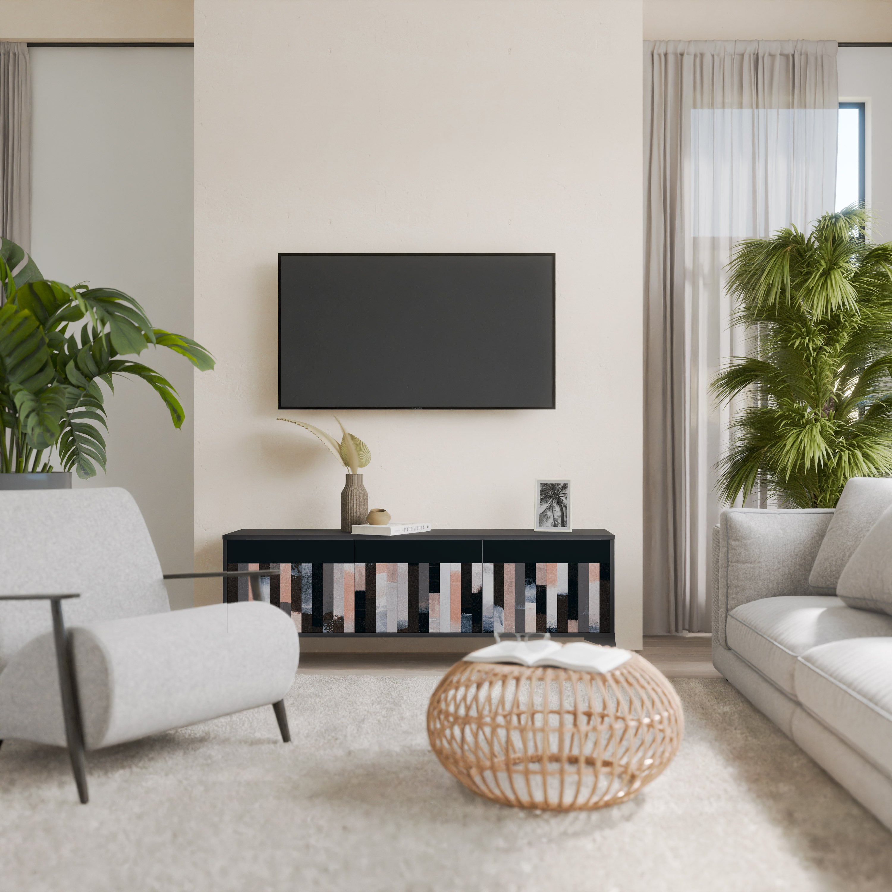 COLLAGE DE RECTÁNGULOS Mueble de TV de 3 puertas en acabado negro
