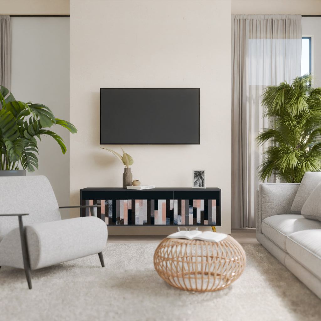COLLAGE DE RECTÁNGULOS Mueble de TV de 3 puertas en acabado negro