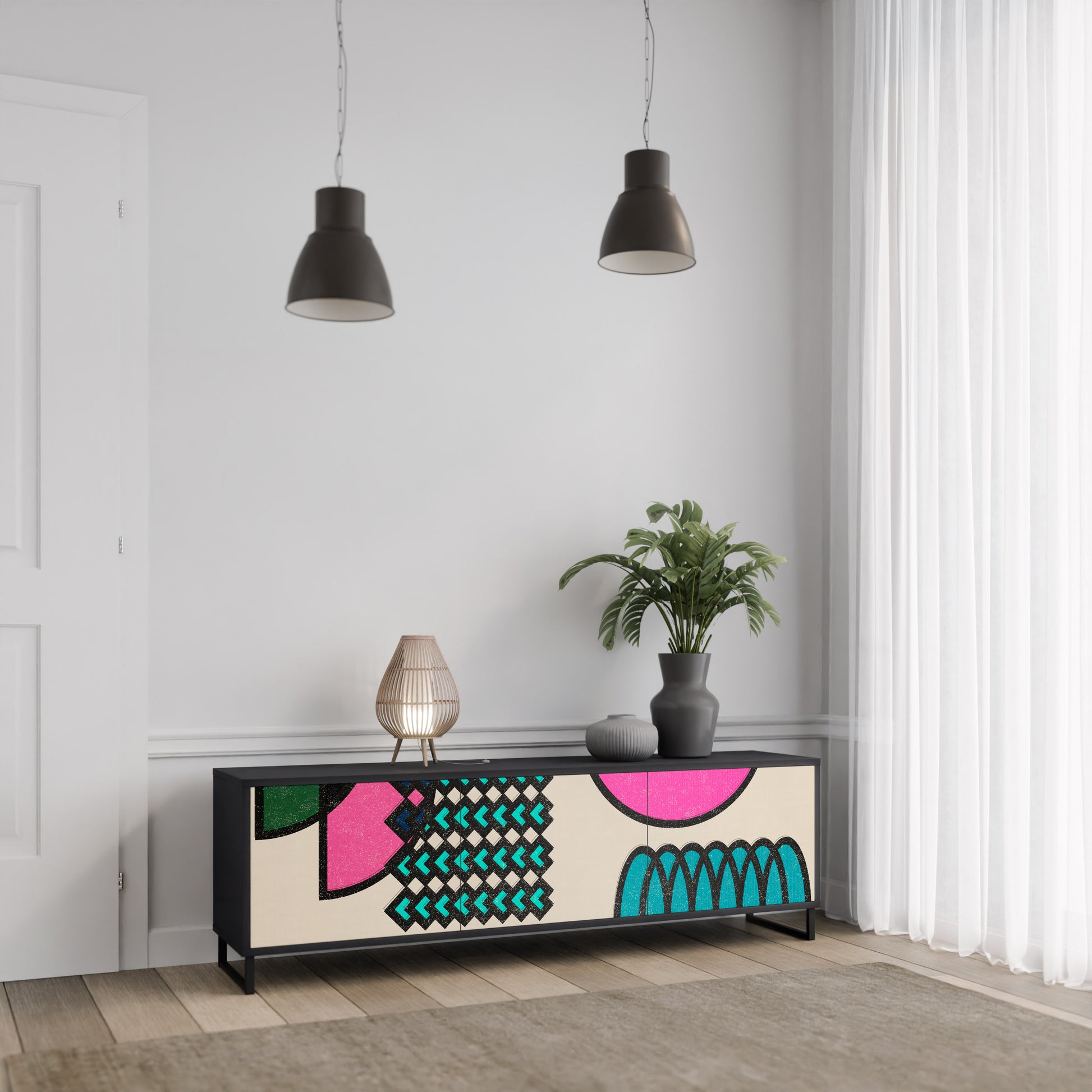 Mueble de TV GEOMETRIC RHAPSODY de 3 puertas con acabado negro
