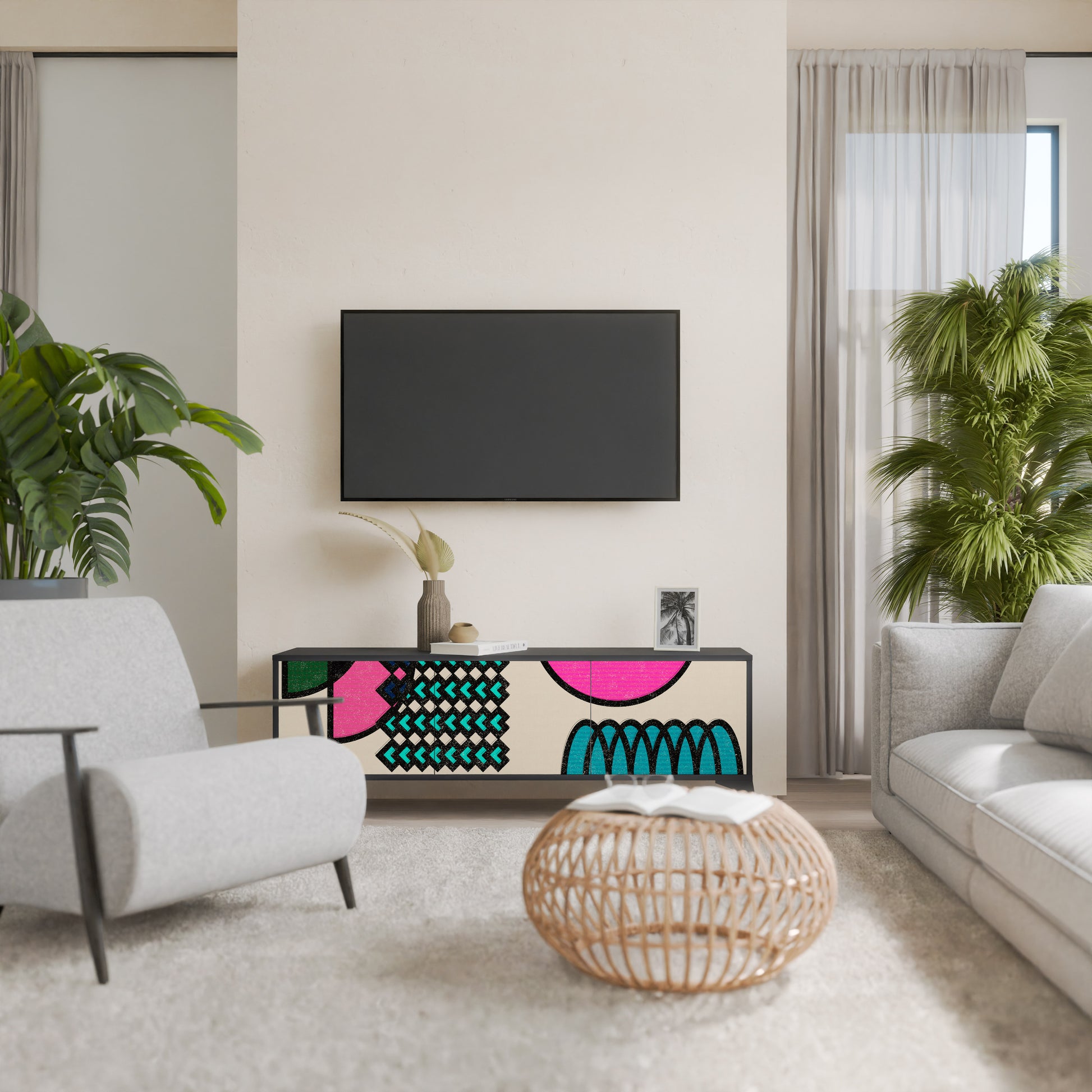 Mueble de TV GEOMETRIC RHAPSODY de 3 puertas con acabado negro