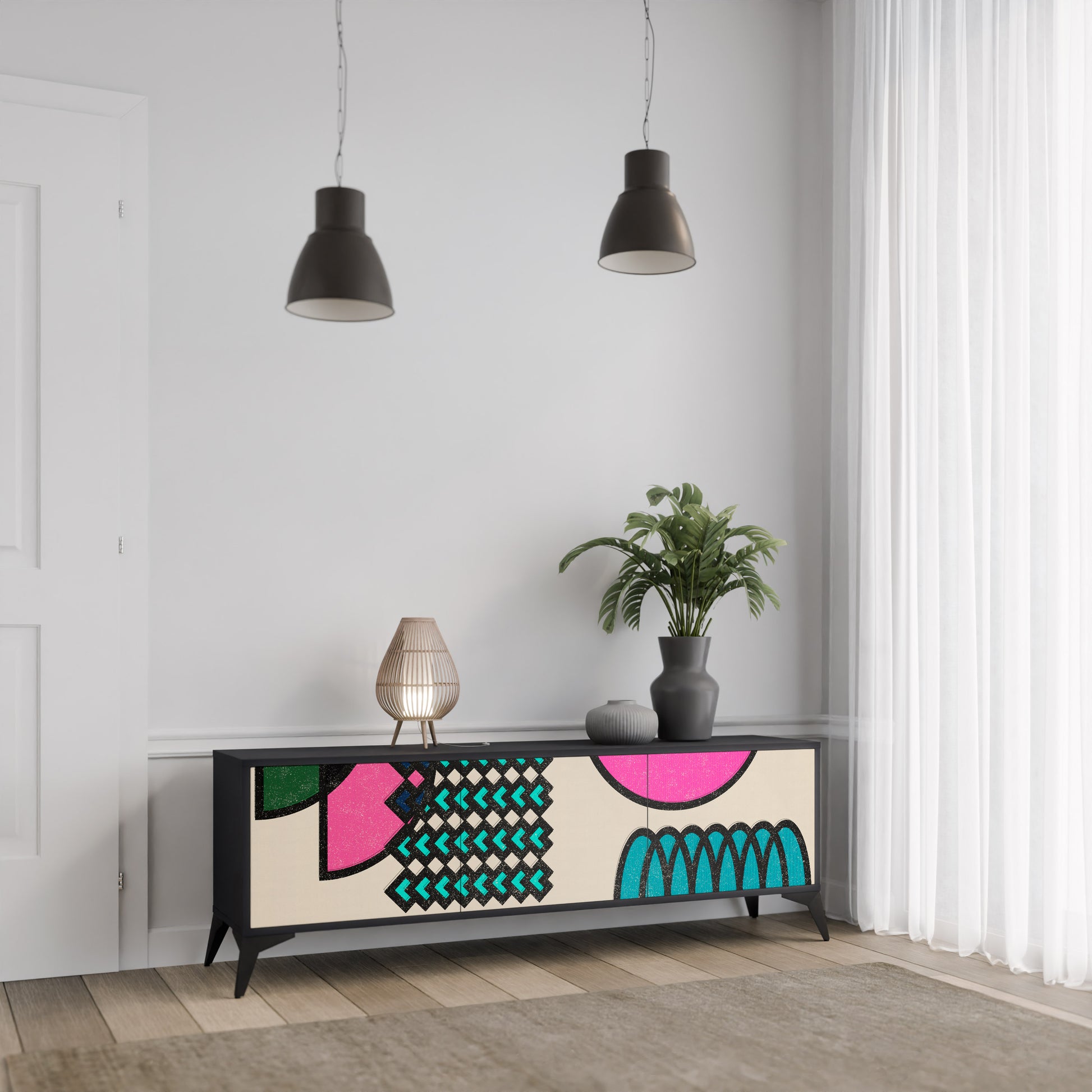 Mueble de TV GEOMETRIC RHAPSODY de 3 puertas con acabado negro