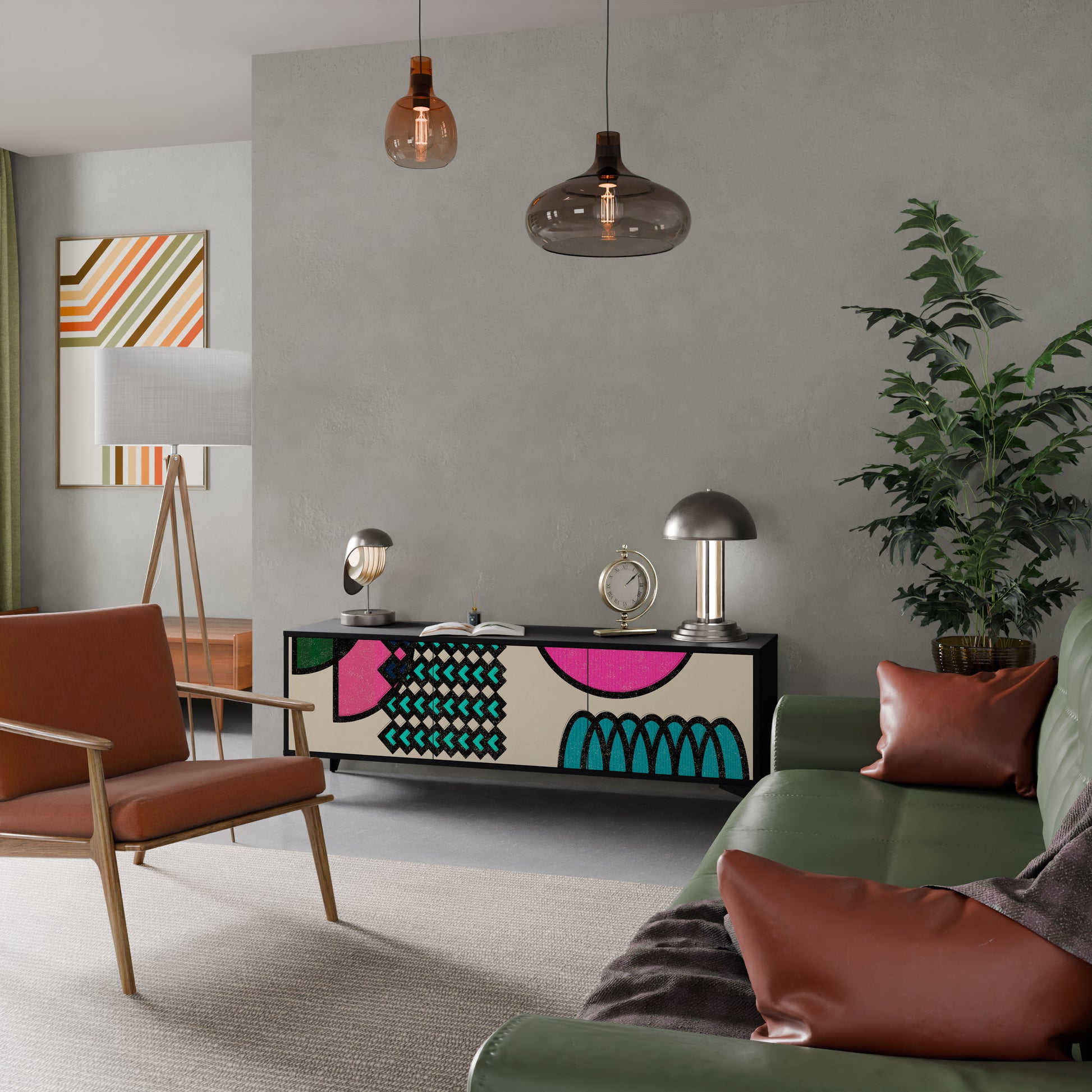 Mueble de TV GEOMETRIC RHAPSODY de 3 puertas con acabado negro