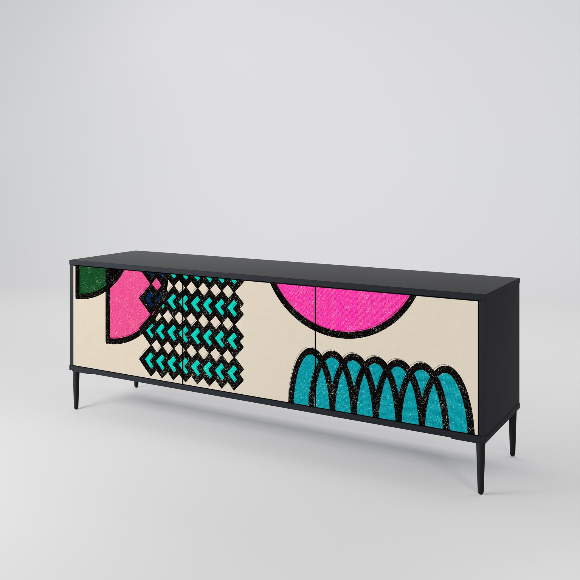 Mueble de TV GEOMETRIC RHAPSODY de 3 puertas con acabado negro