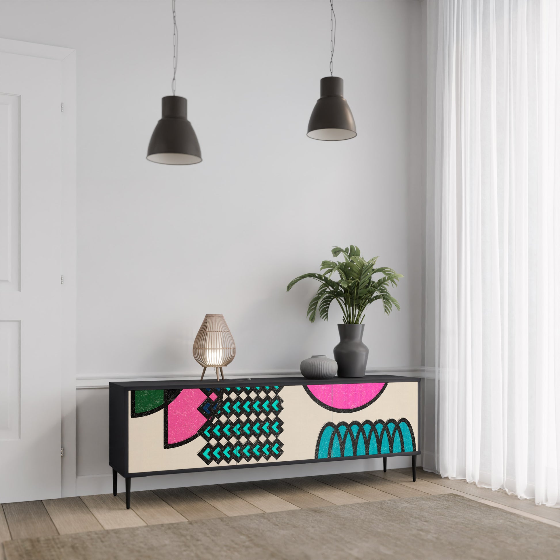Mueble de TV GEOMETRIC RHAPSODY de 3 puertas con acabado negro