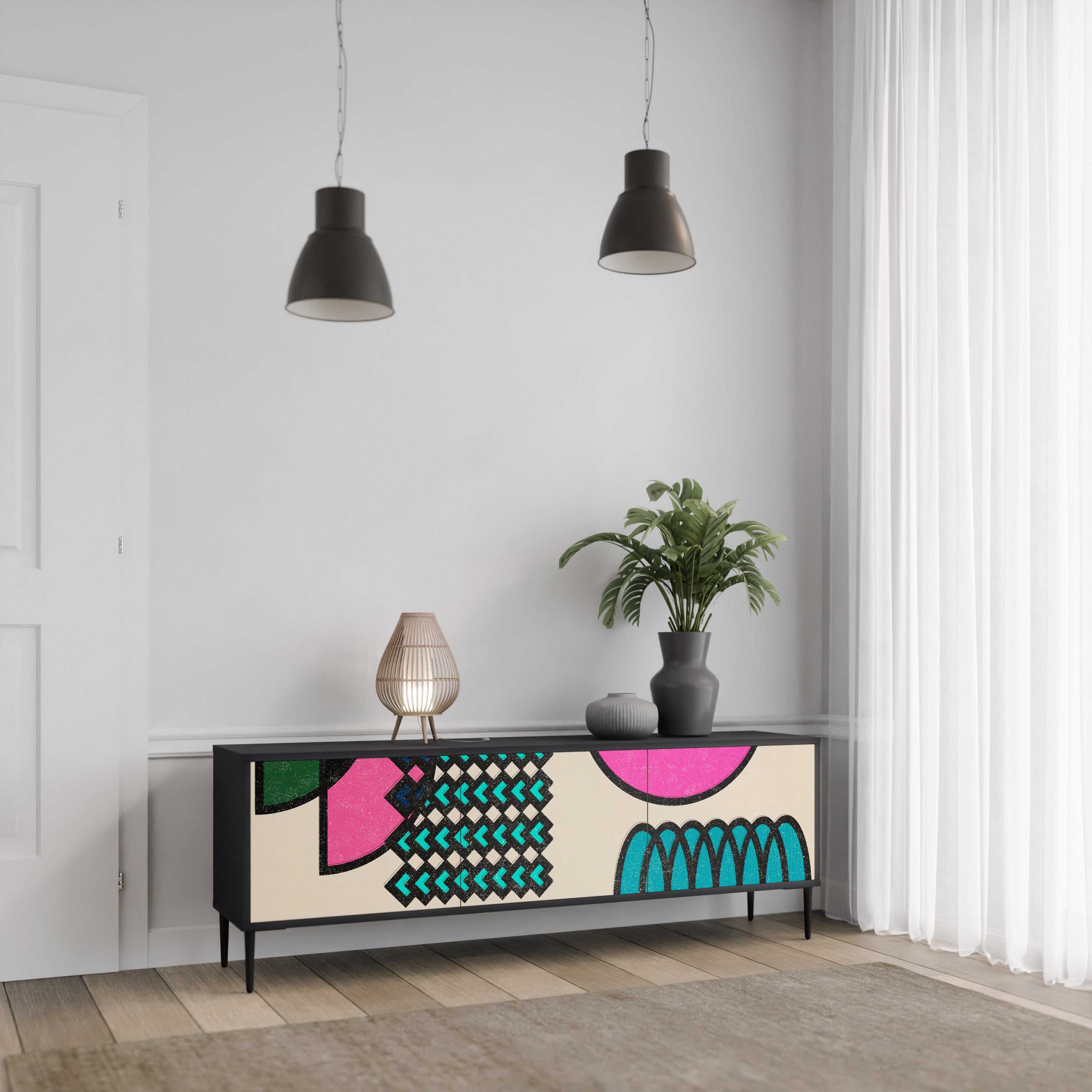 Mueble de TV GEOMETRIC RHAPSODY de 3 puertas con acabado negro