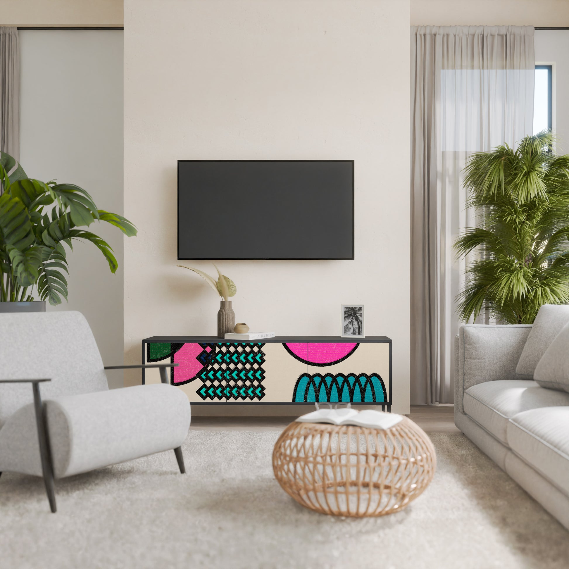 Mueble de TV GEOMETRIC RHAPSODY de 3 puertas con acabado negro