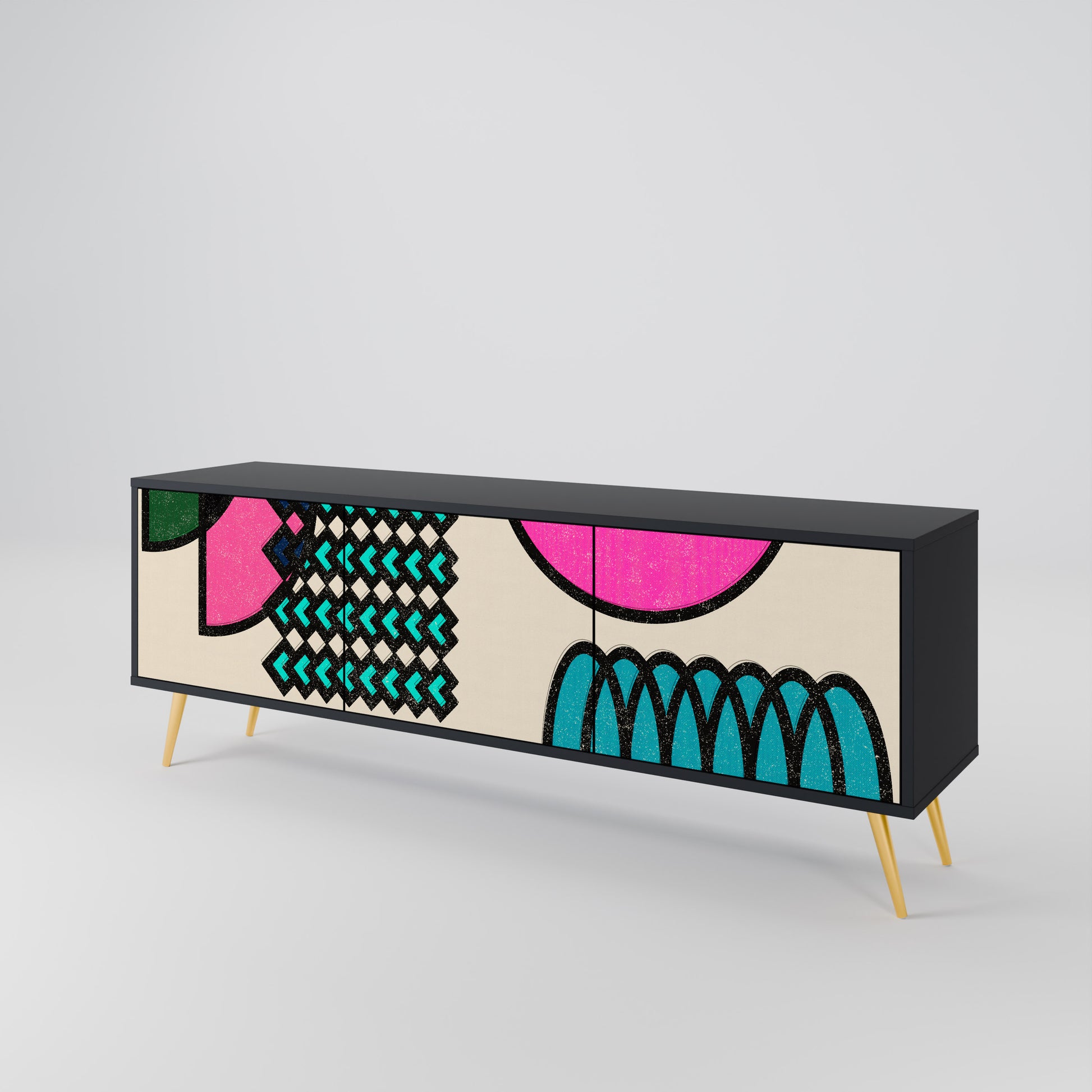 Mueble de TV GEOMETRIC RHAPSODY de 3 puertas con acabado negro