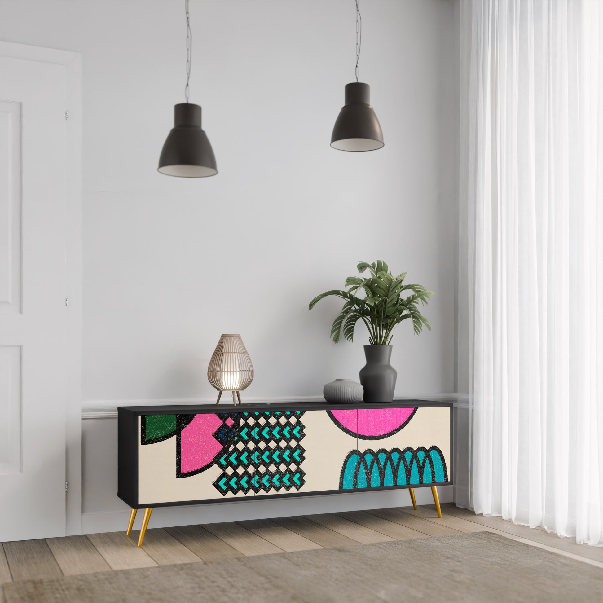 Mueble de TV GEOMETRIC RHAPSODY de 3 puertas con acabado negro