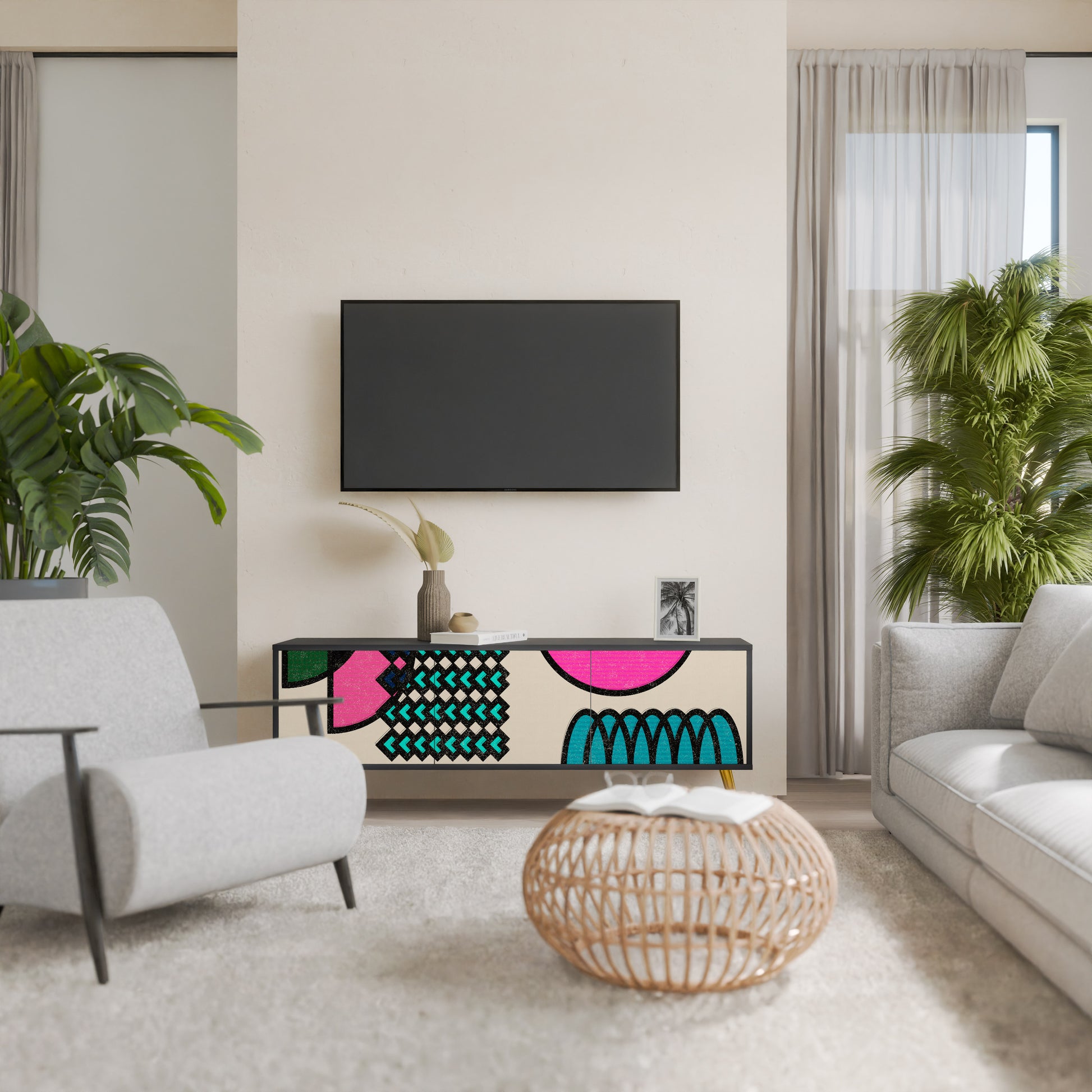 Mueble de TV GEOMETRIC RHAPSODY de 3 puertas con acabado negro