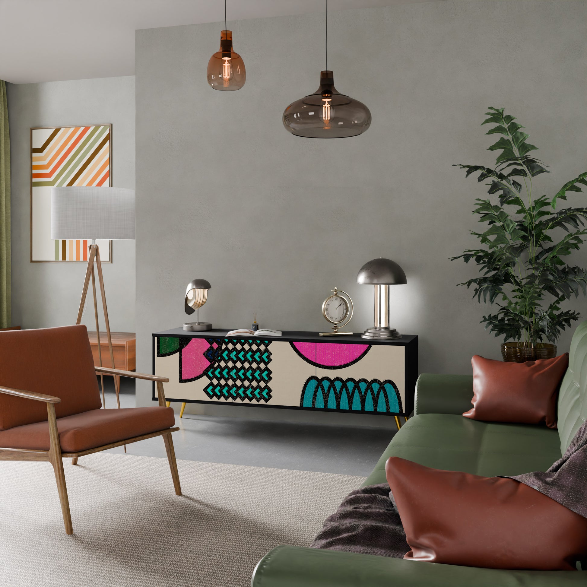 Mueble de TV GEOMETRIC RHAPSODY de 3 puertas con acabado negro