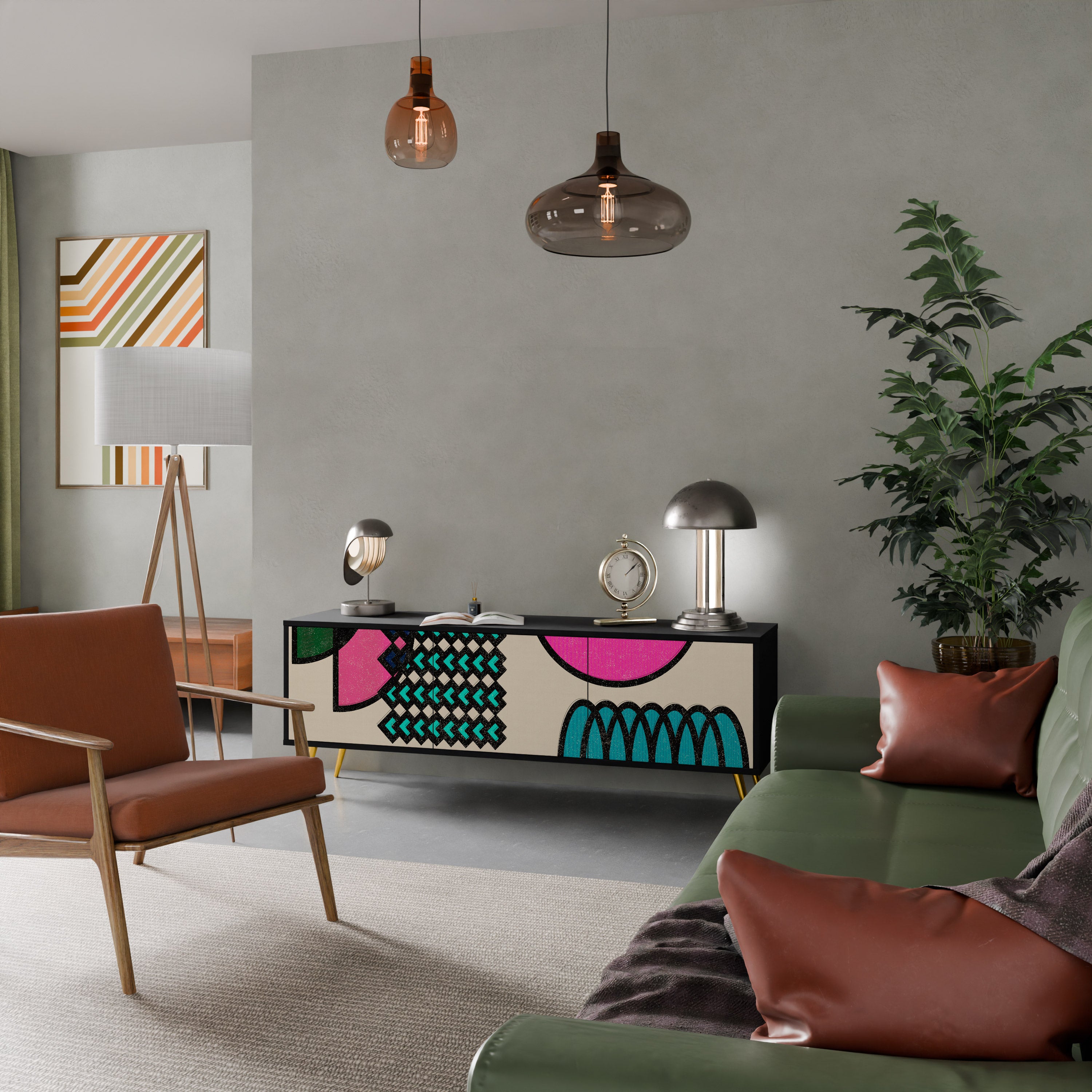 Mueble de TV GEOMETRIC RHAPSODY de 3 puertas con acabado negro