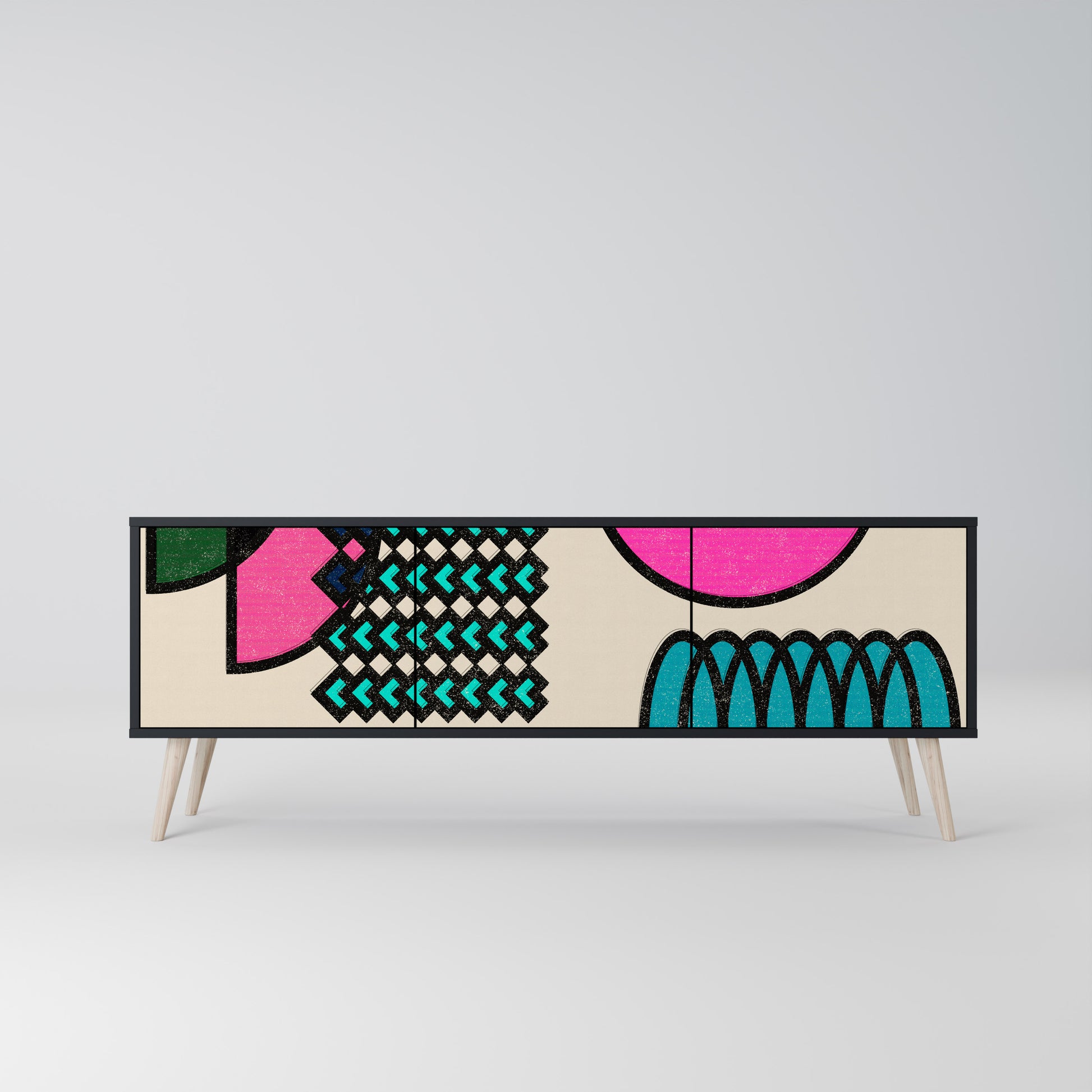 Mueble de TV GEOMETRIC RHAPSODY de 3 puertas con acabado negro