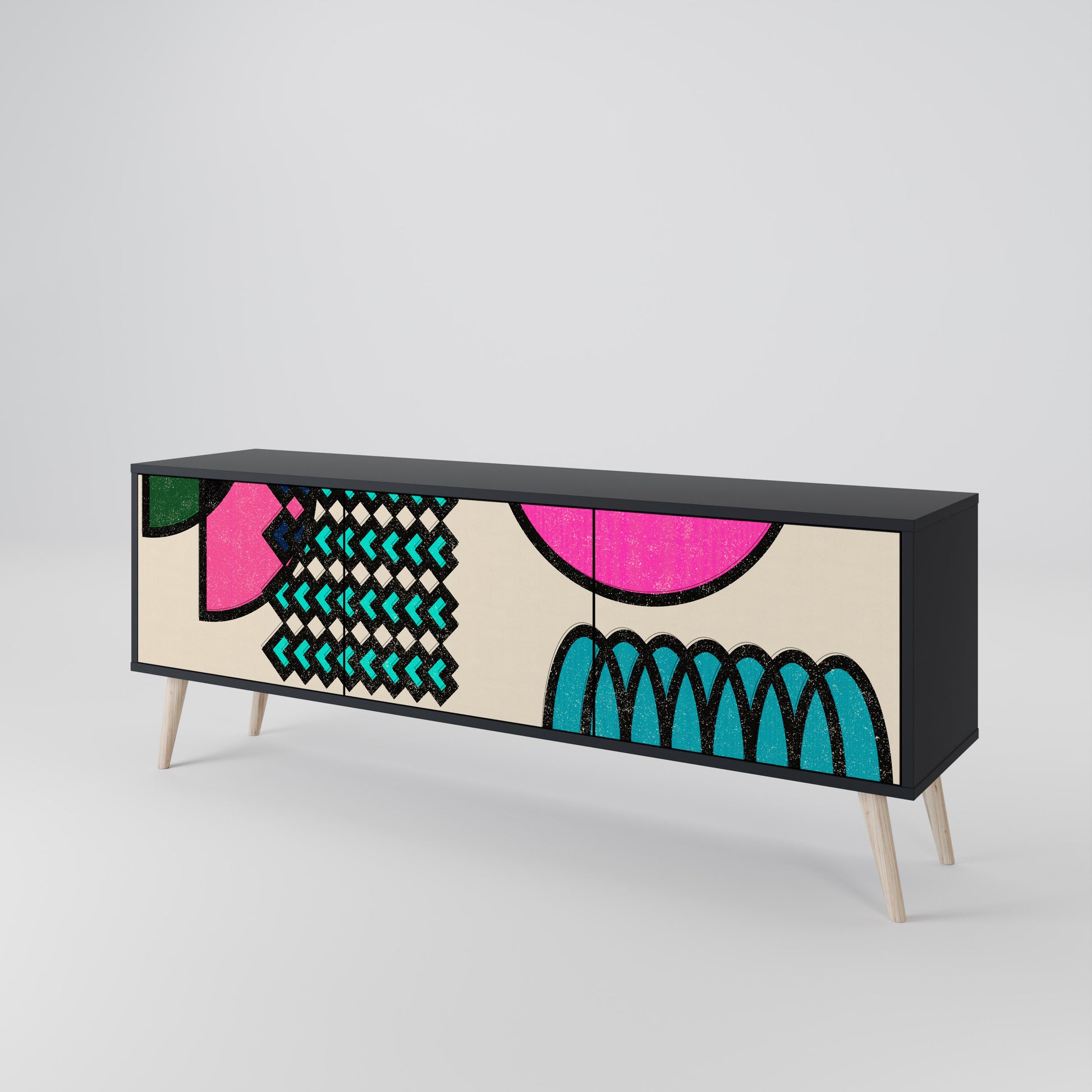 Mueble de TV GEOMETRIC RHAPSODY de 3 puertas con acabado negro