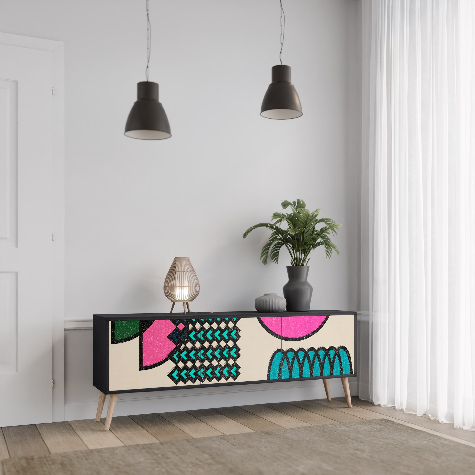 Mueble de TV GEOMETRIC RHAPSODY de 3 puertas con acabado negro