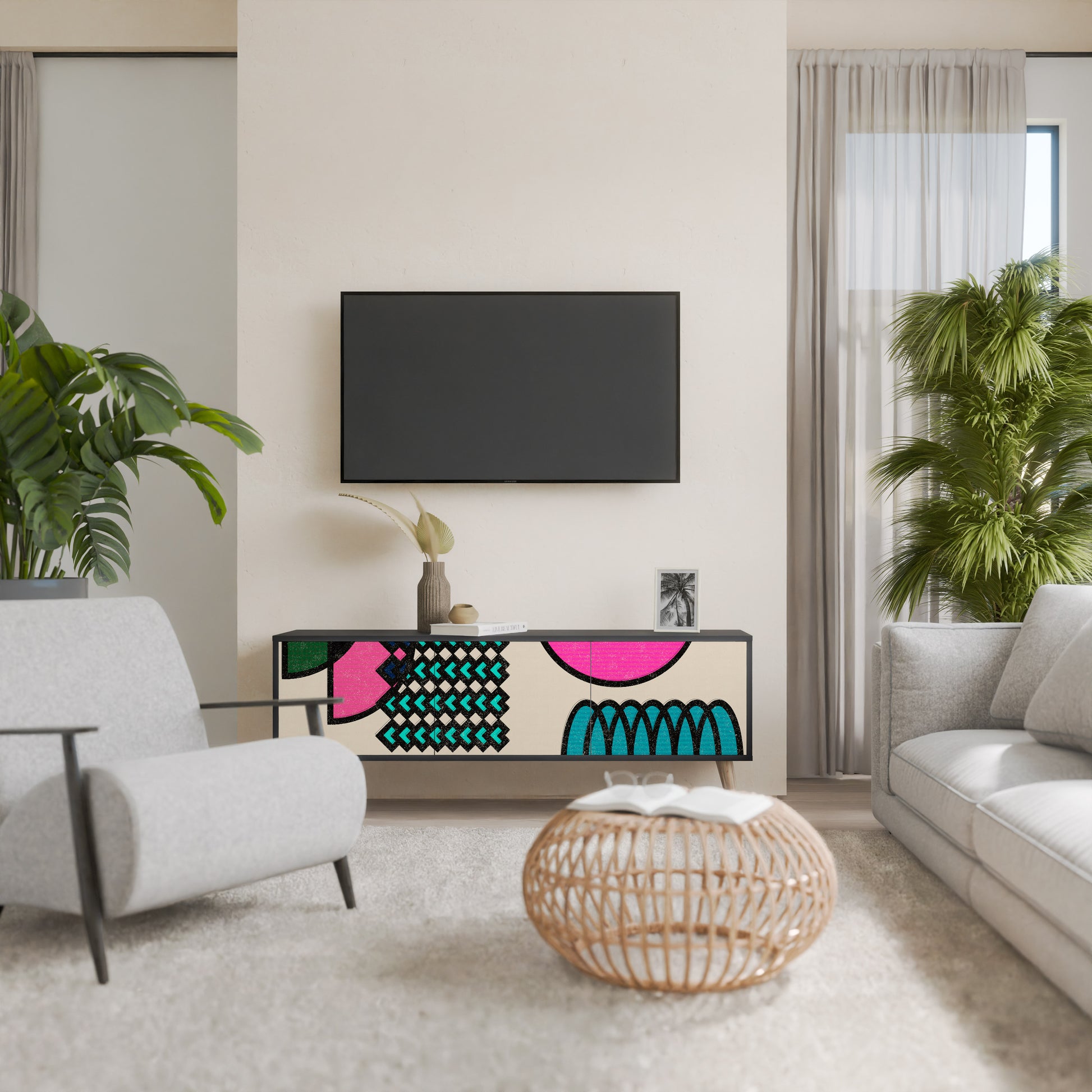 Mueble de TV GEOMETRIC RHAPSODY de 3 puertas con acabado negro
