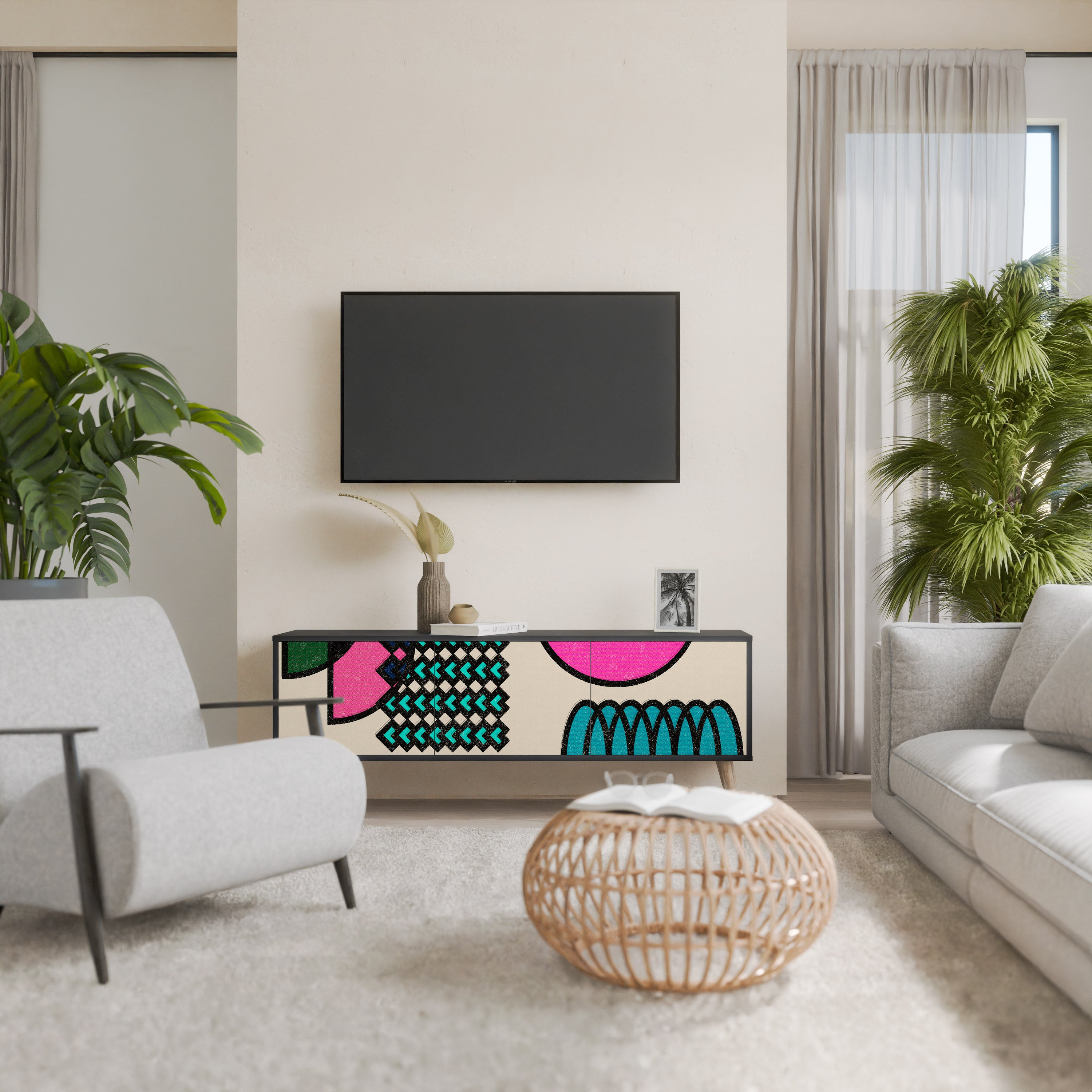 Mueble de TV GEOMETRIC RHAPSODY de 3 puertas con acabado negro