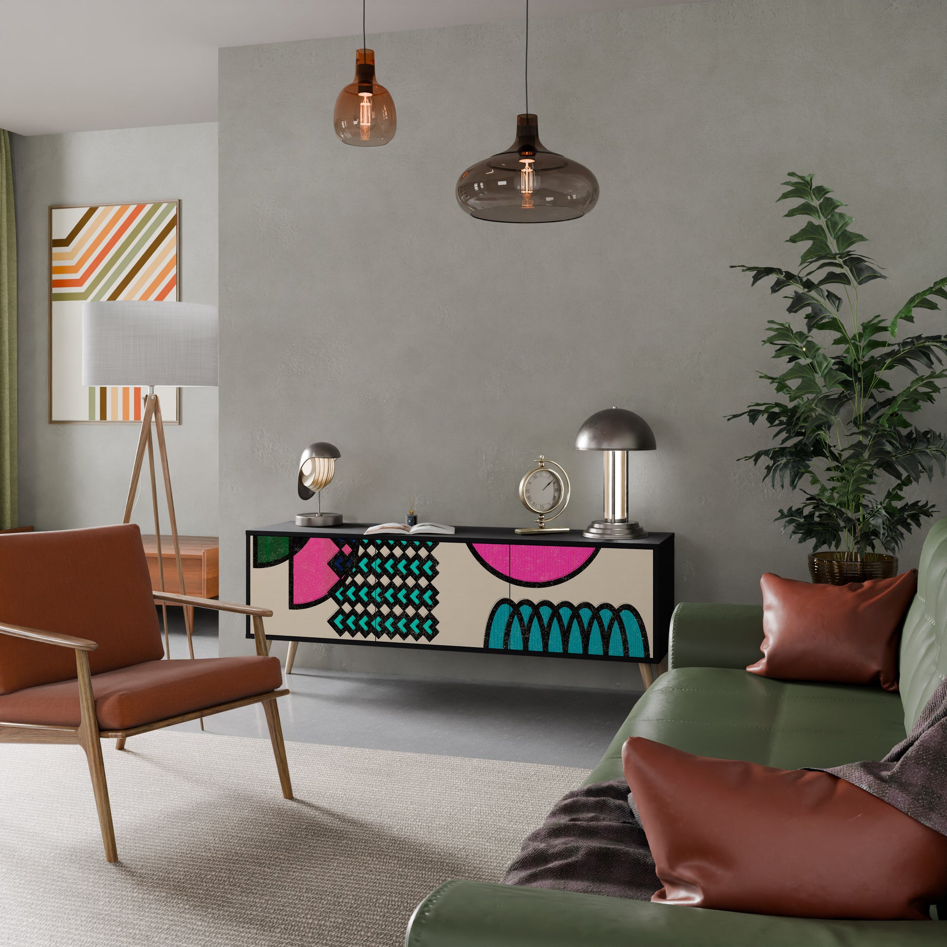 Mueble de TV GEOMETRIC RHAPSODY de 3 puertas con acabado negro