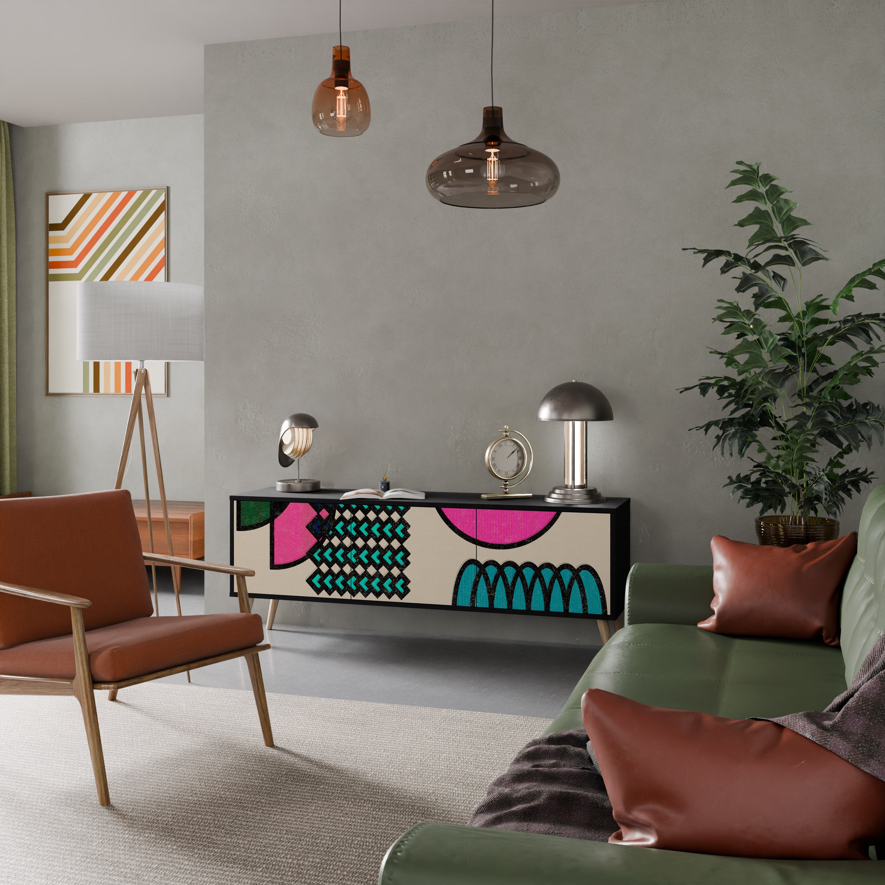 Mueble de TV GEOMETRIC RHAPSODY de 3 puertas con acabado negro
