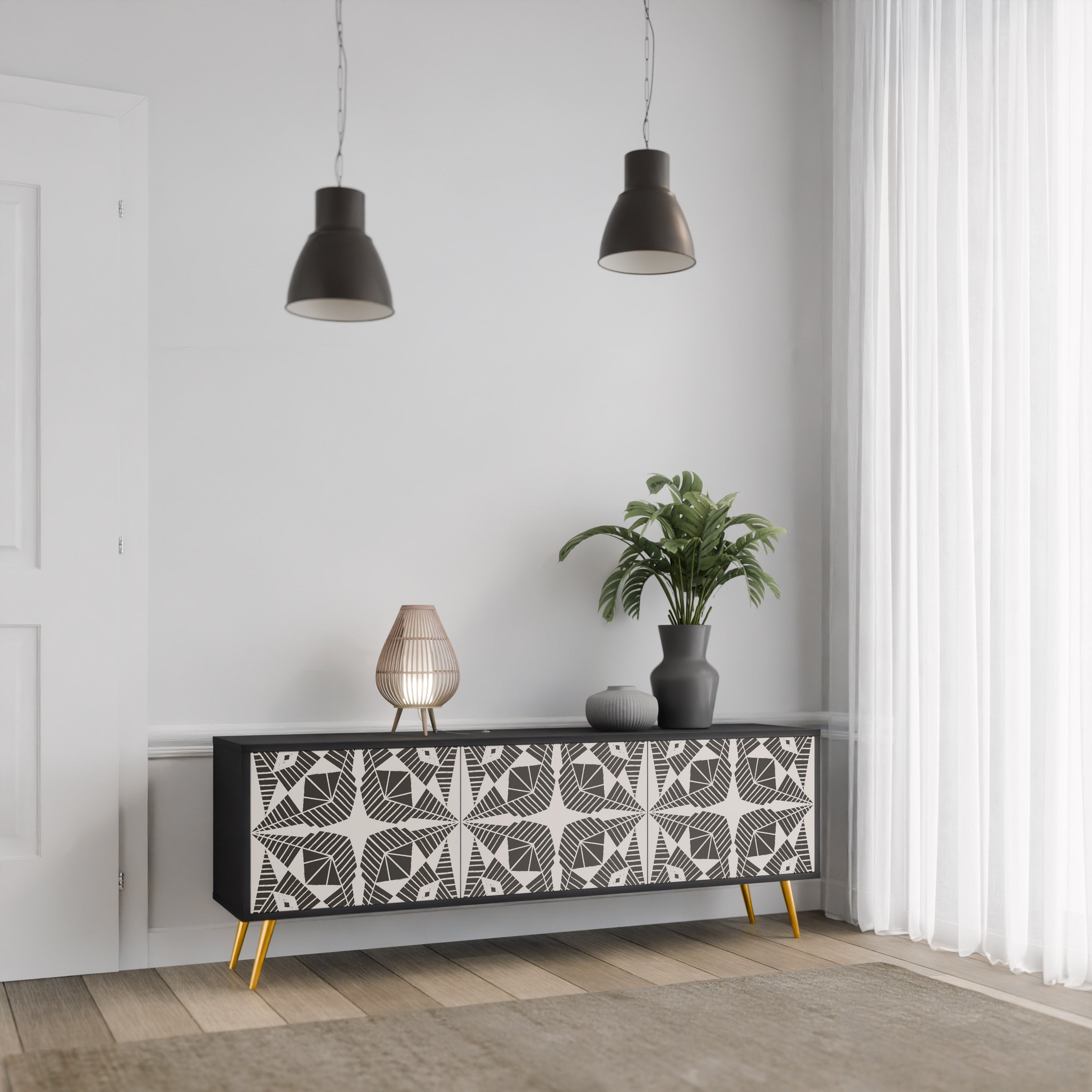 MONOCHROME NEXUS 3-Door TV Stand in Black Finish