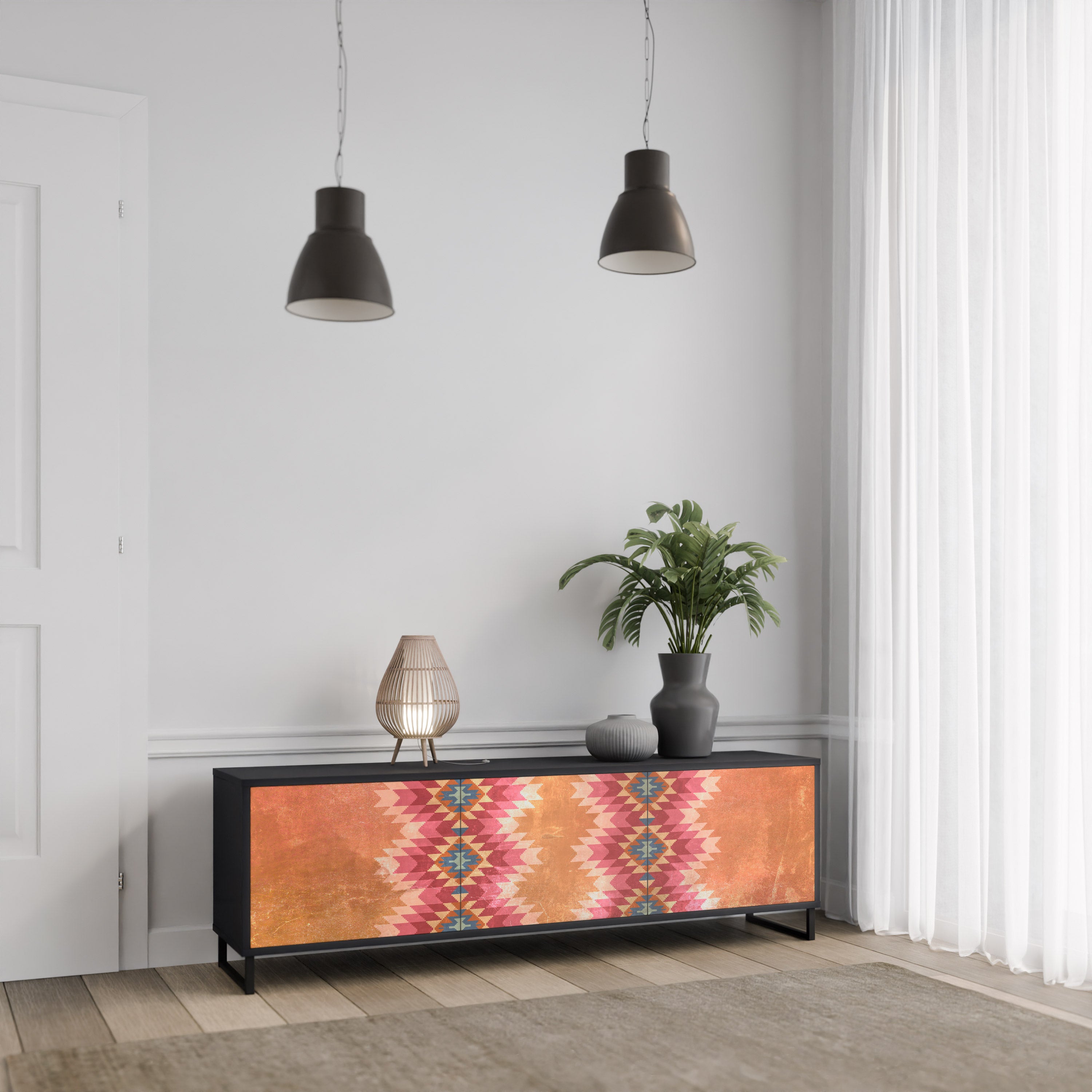 Mueble de TV INDIAN FOLK de 3 puertas con acabado negro