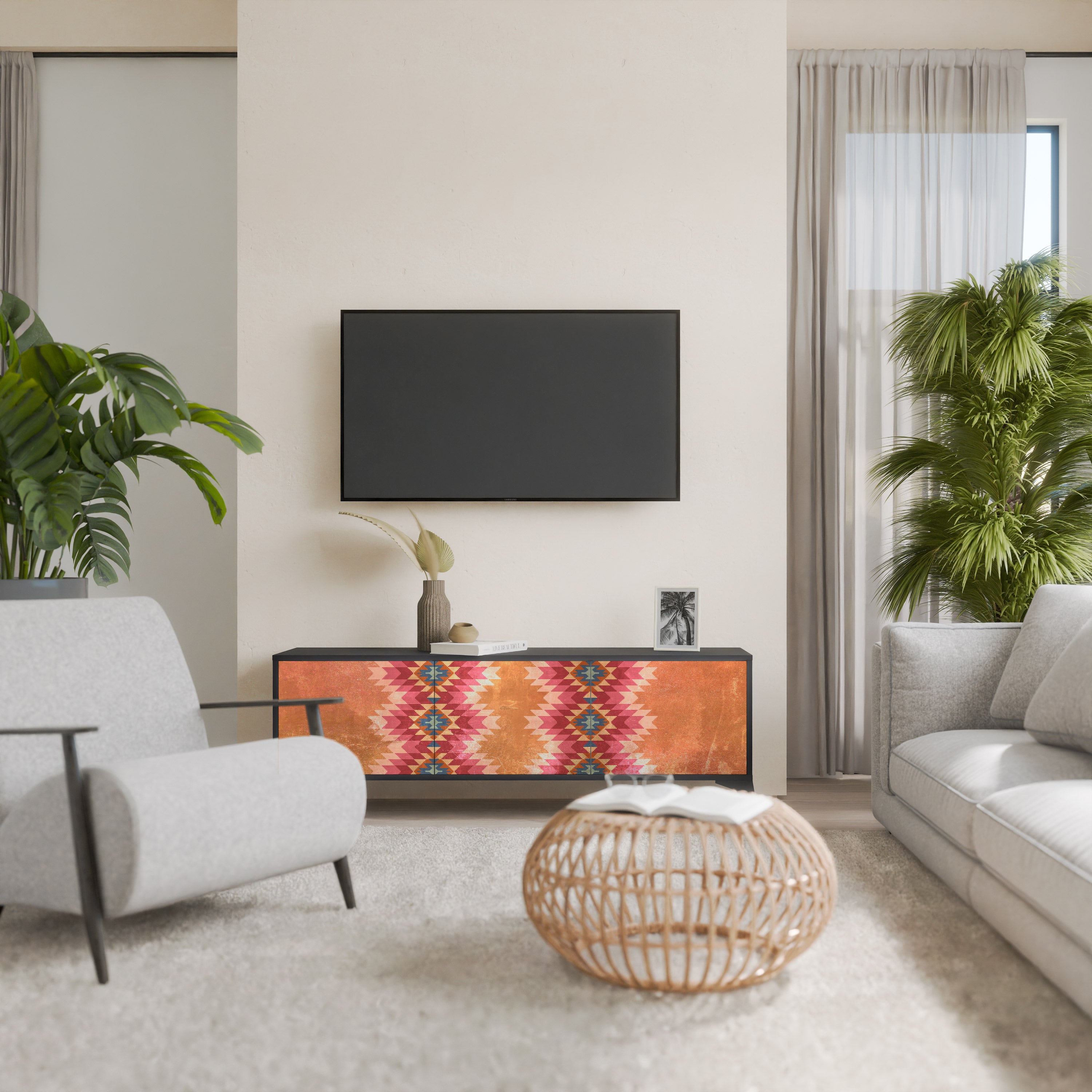 Mueble de TV INDIAN FOLK de 3 puertas con acabado negro