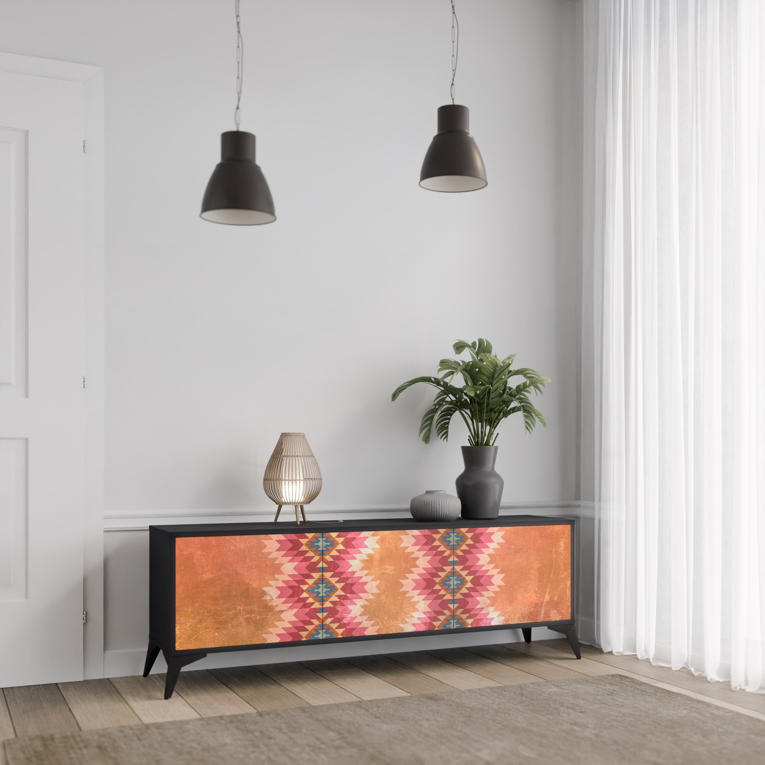 Mueble de TV INDIAN FOLK de 3 puertas con acabado negro