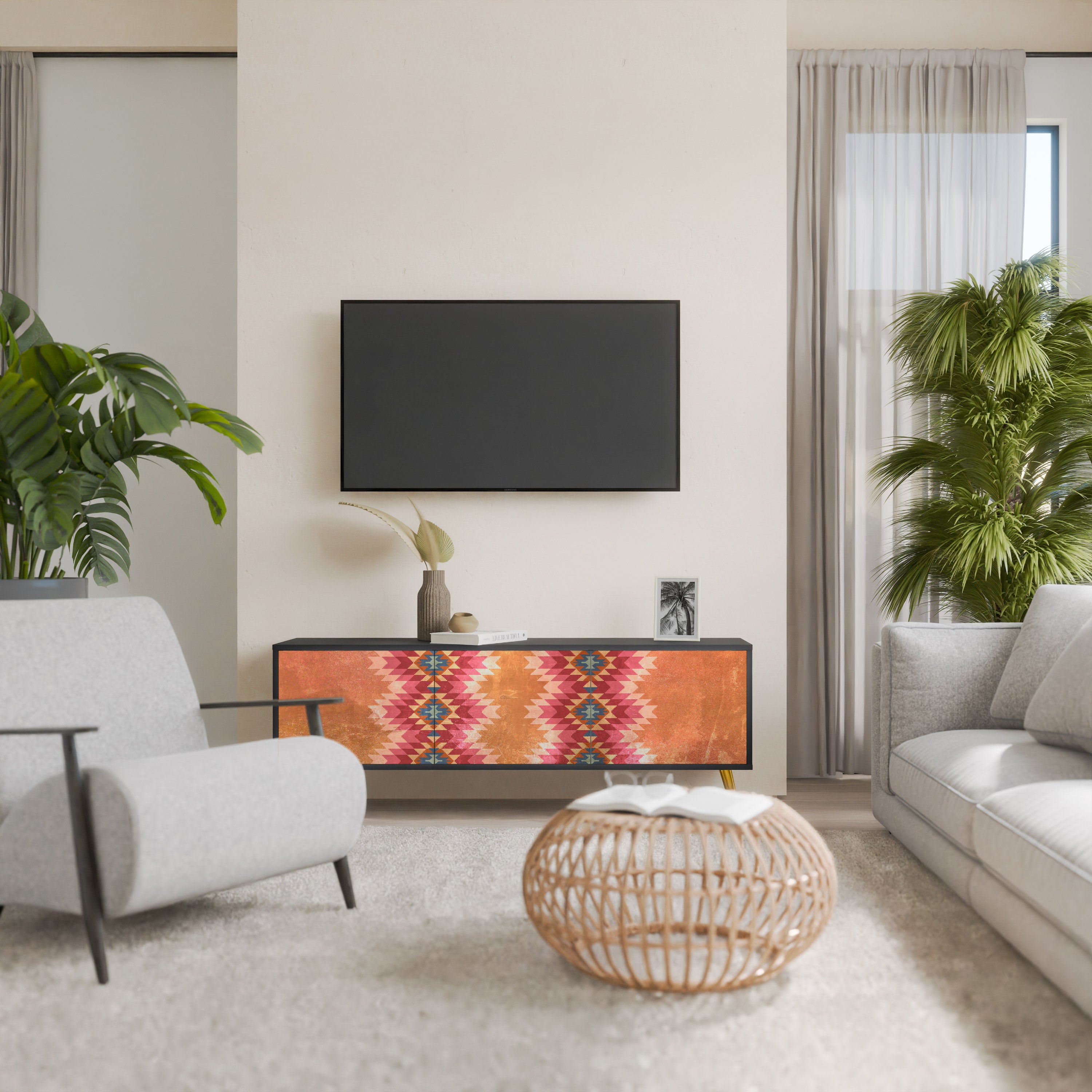 Mueble de TV INDIAN FOLK de 3 puertas con acabado negro