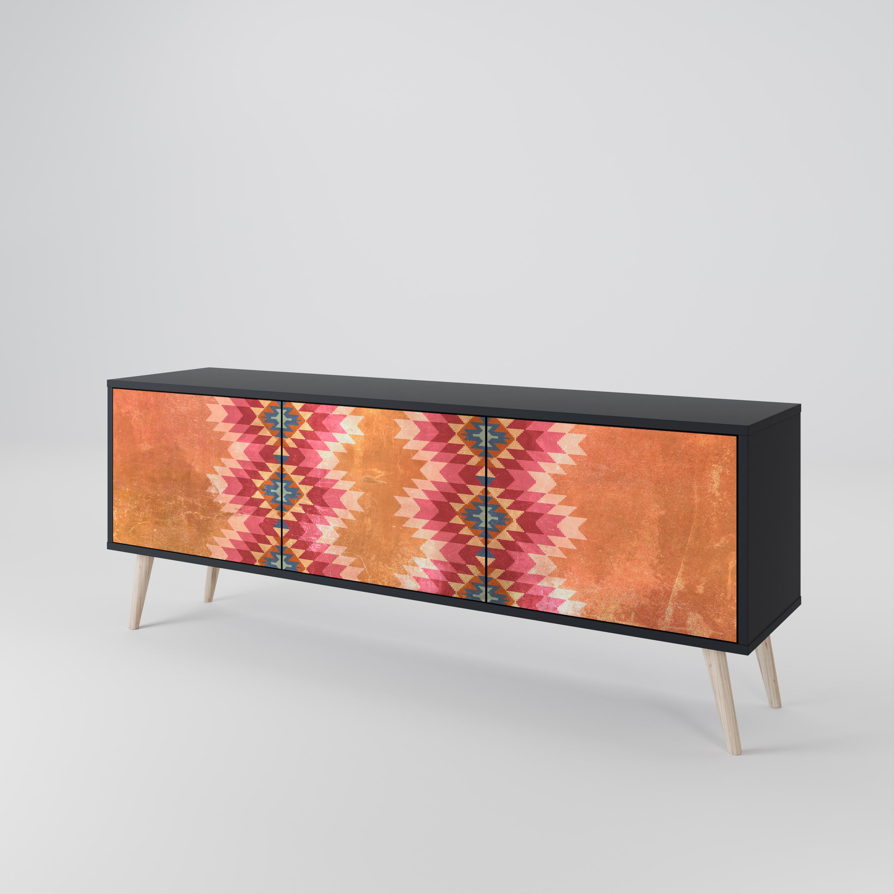 Mueble de TV INDIAN FOLK de 3 puertas con acabado negro