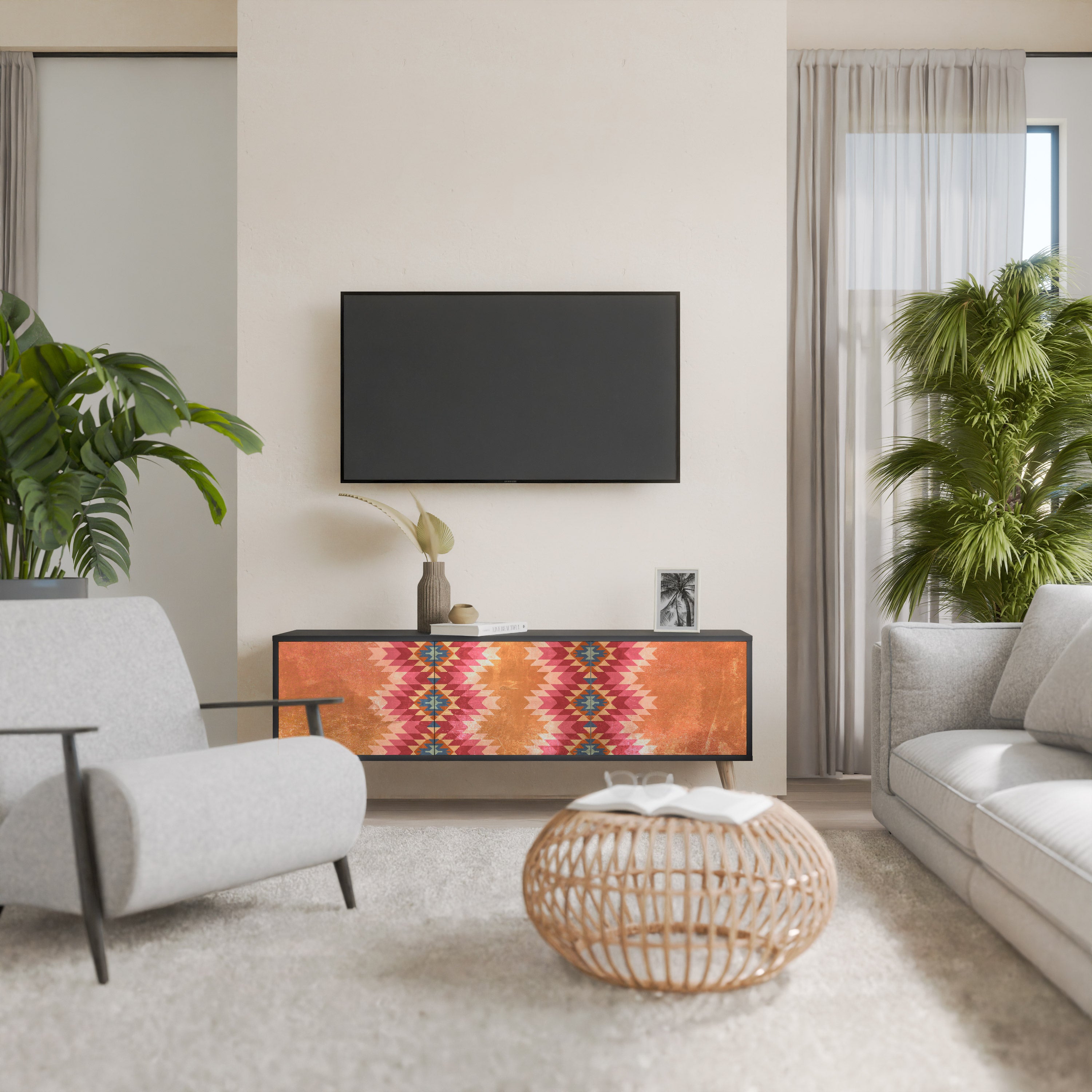 Mueble de TV INDIAN FOLK de 3 puertas con acabado negro