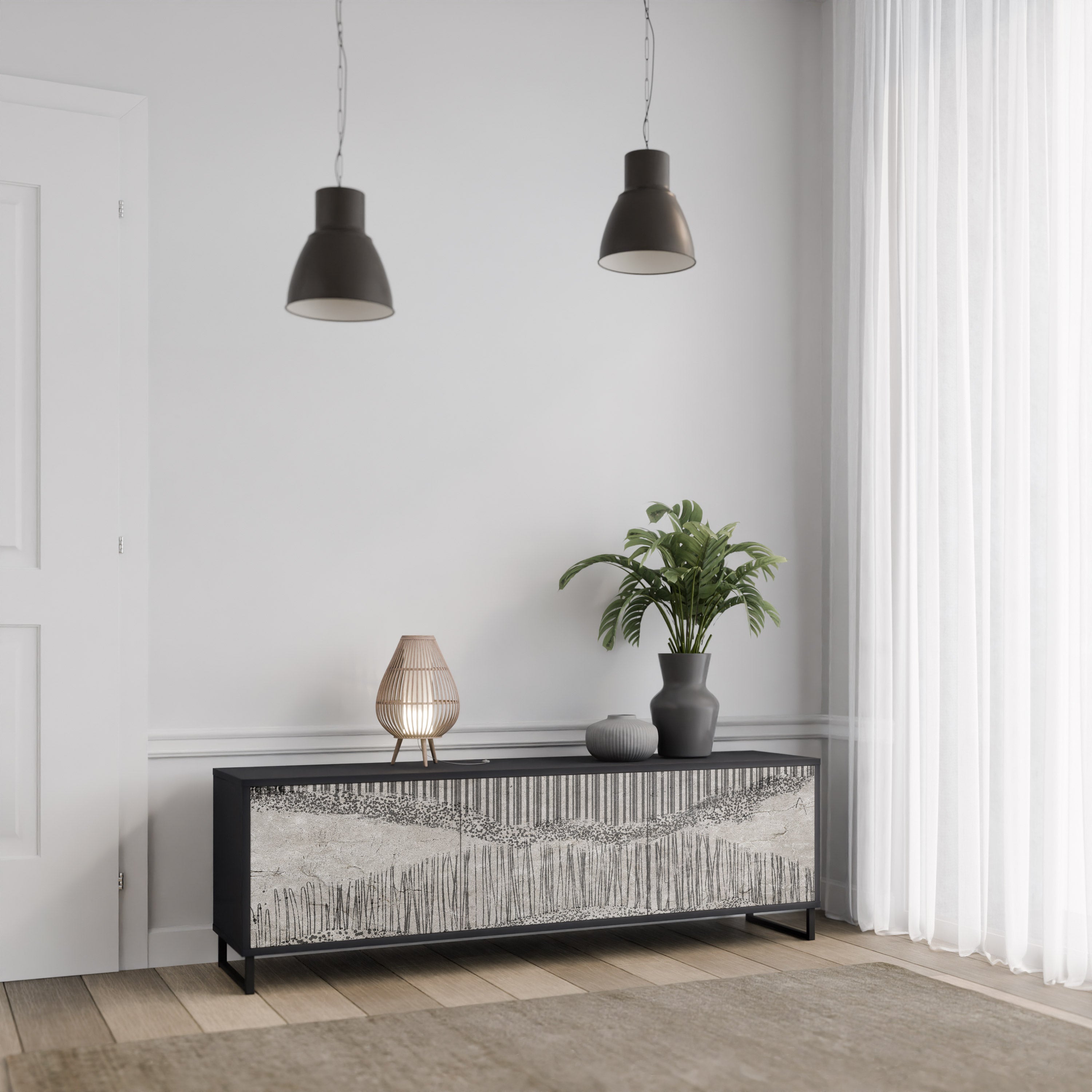 Mueble de TV de 3 puertas GRAIN LINES con acabado negro