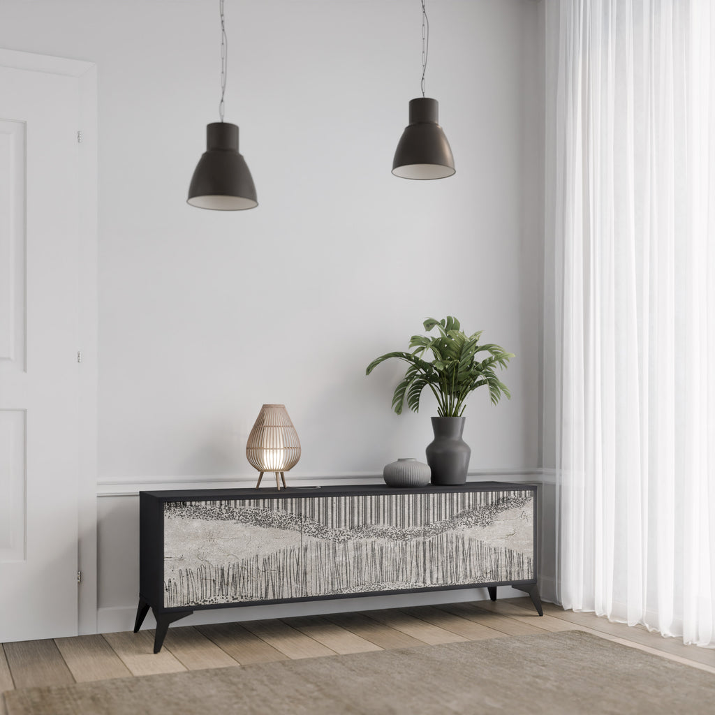 Mueble de TV de 3 puertas GRAIN LINES con acabado negro