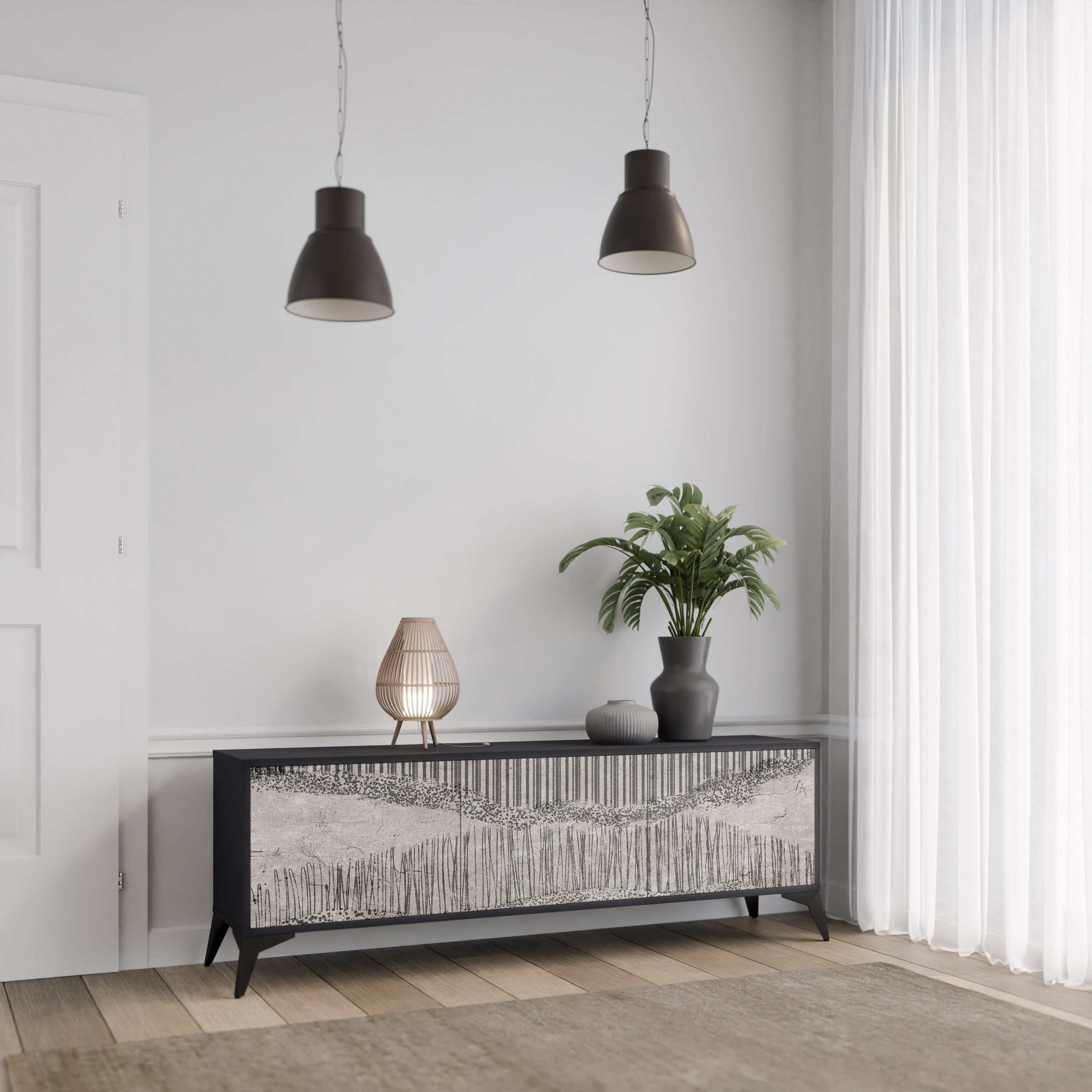 Mueble de TV de 3 puertas GRAIN LINES con acabado negro