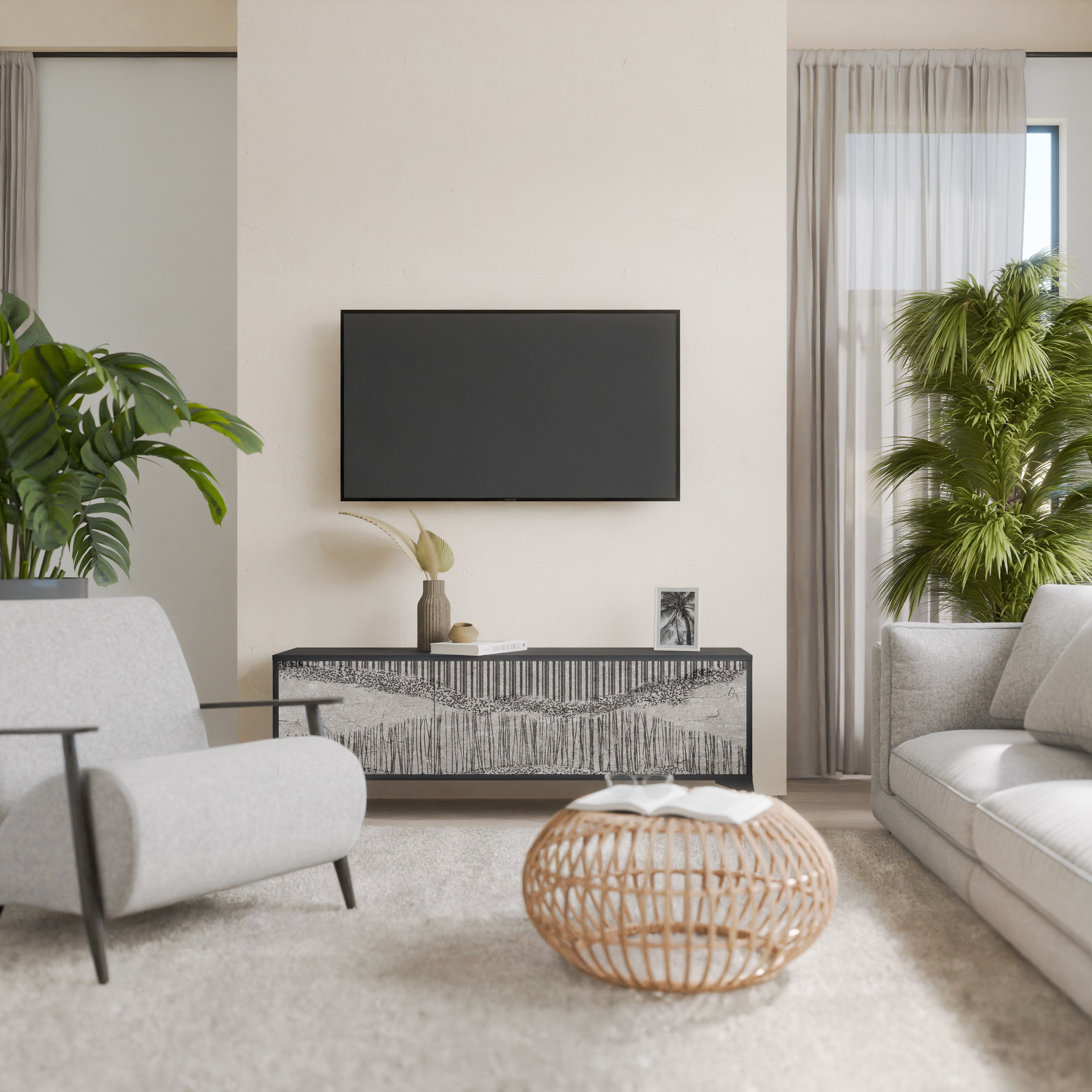 Mueble de TV de 3 puertas GRAIN LINES con acabado negro