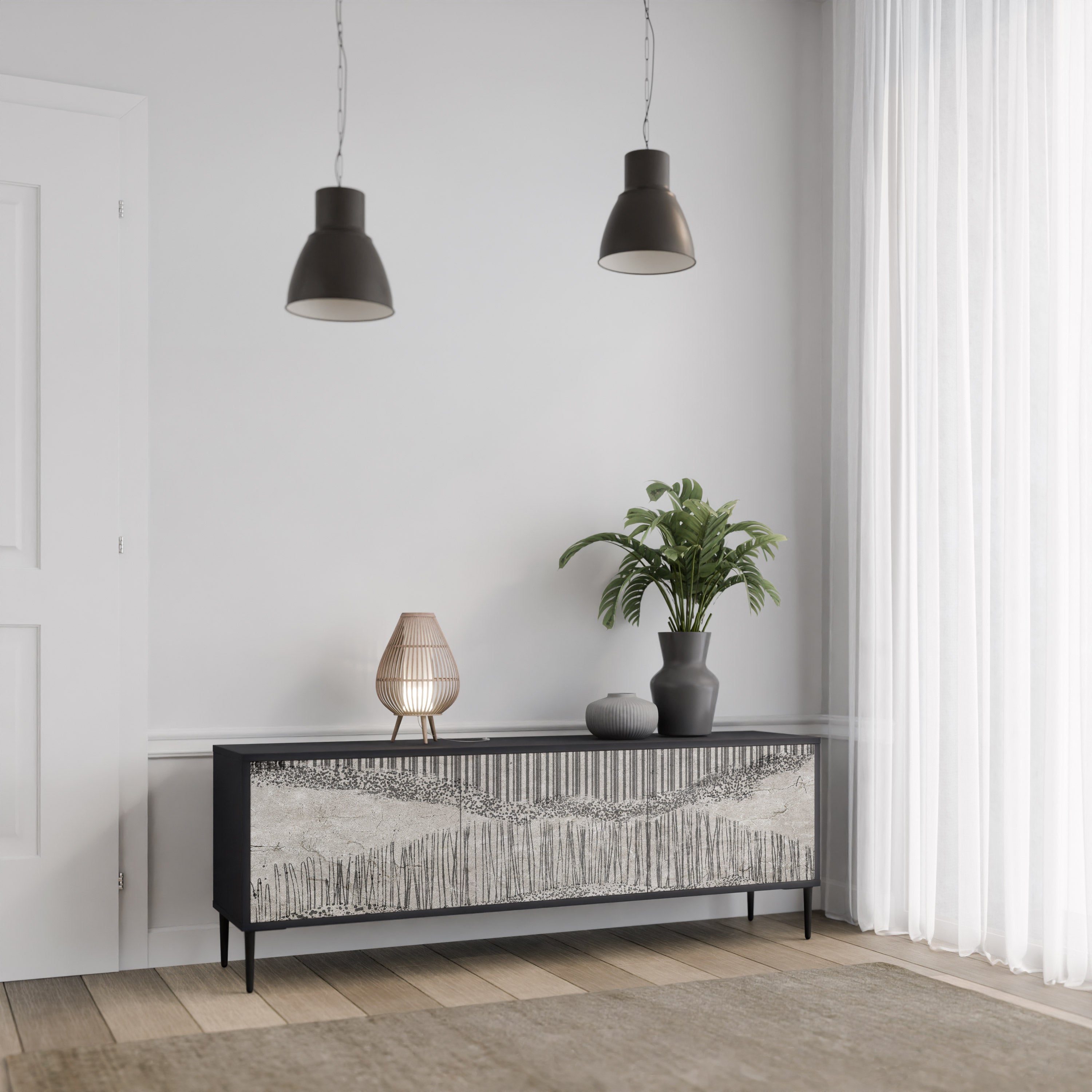 Mueble de TV de 3 puertas GRAIN LINES con acabado negro