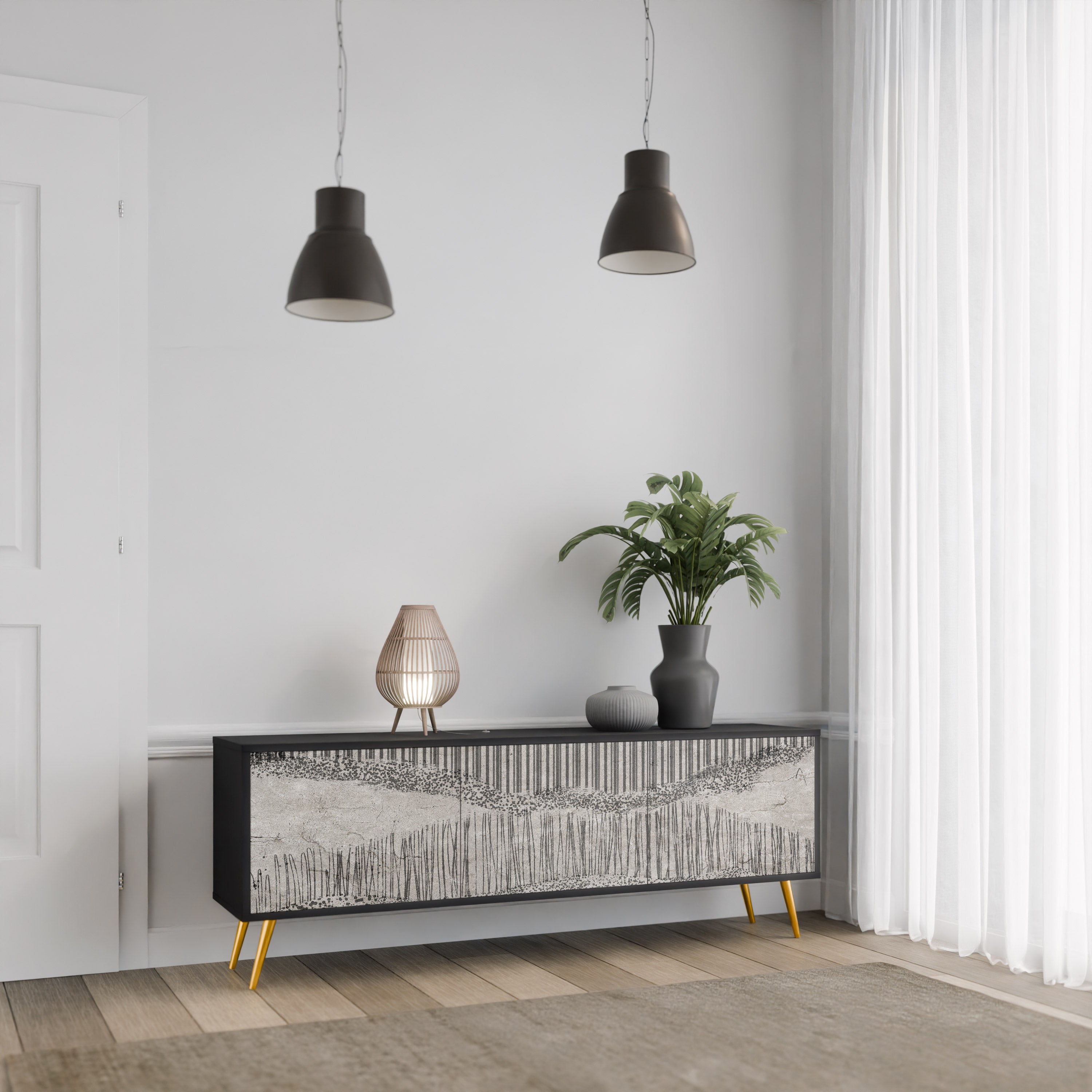 Mueble de TV de 3 puertas GRAIN LINES con acabado negro