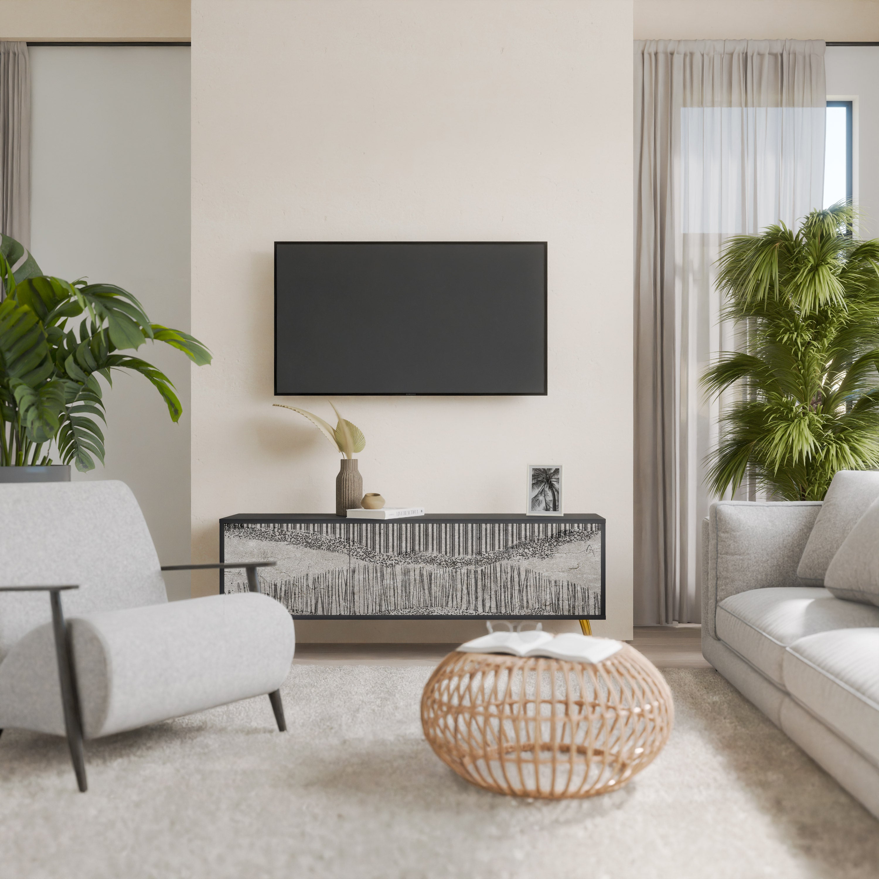 Mueble de TV de 3 puertas GRAIN LINES con acabado negro
