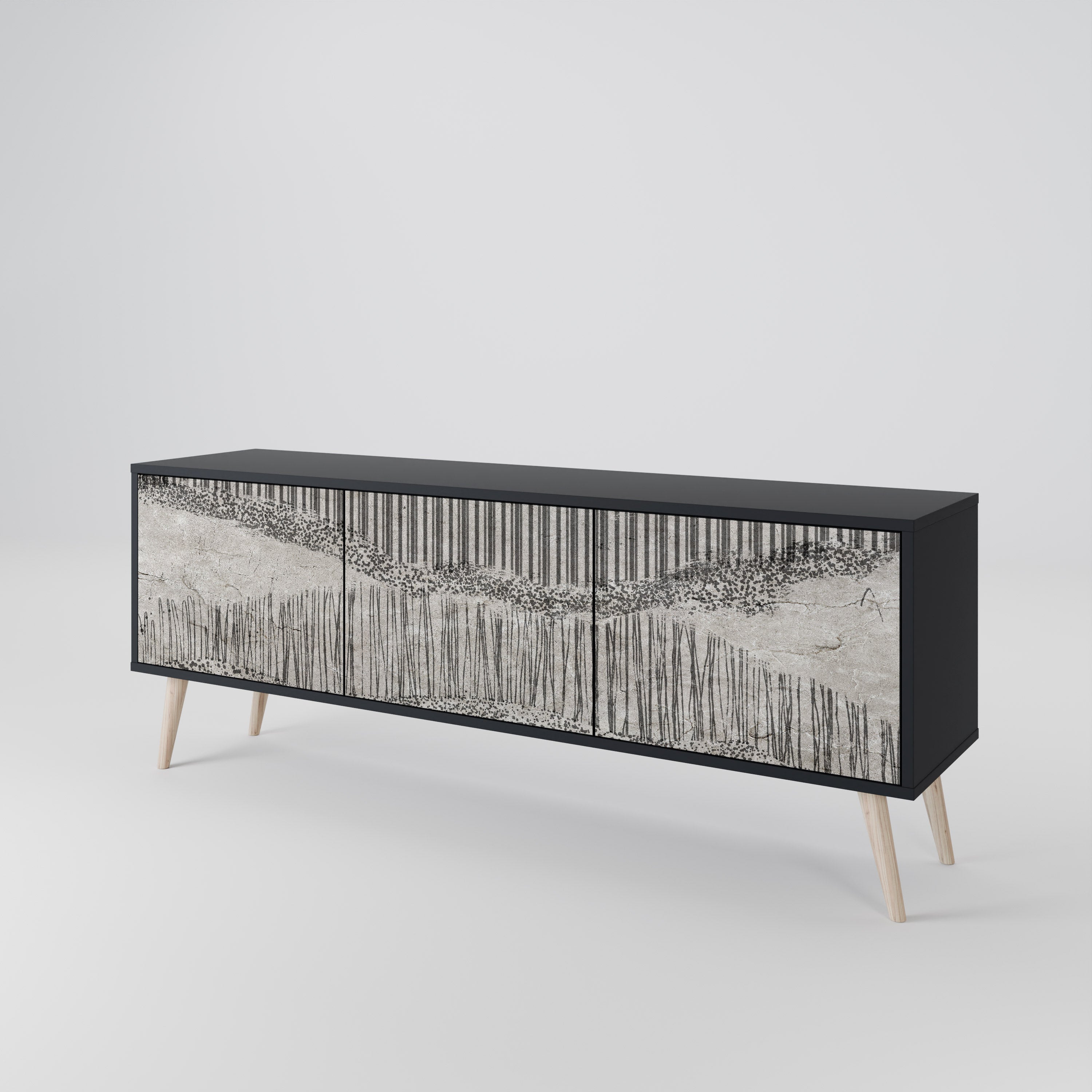 Mueble de TV de 3 puertas GRAIN LINES con acabado negro