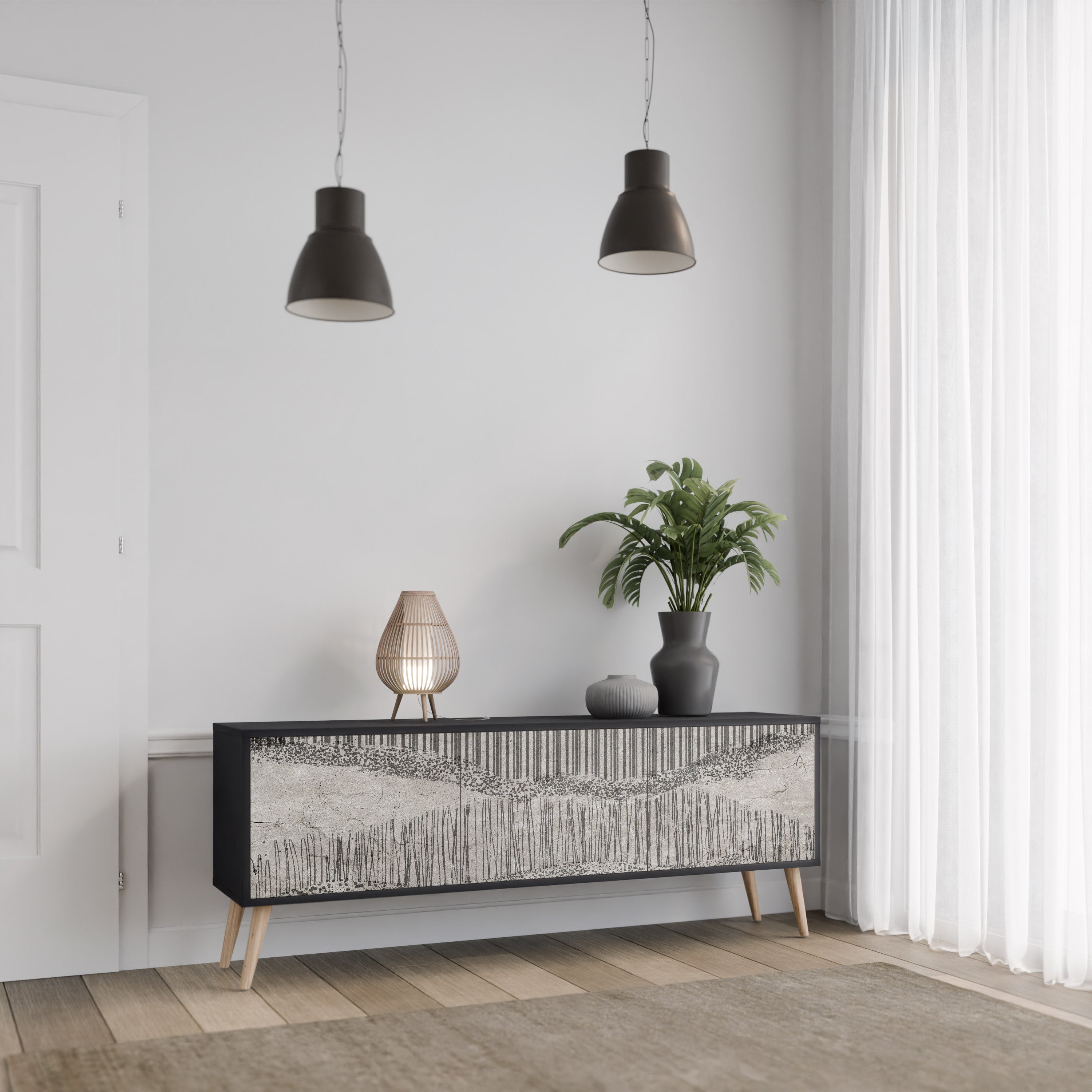Mueble de TV de 3 puertas GRAIN LINES con acabado negro