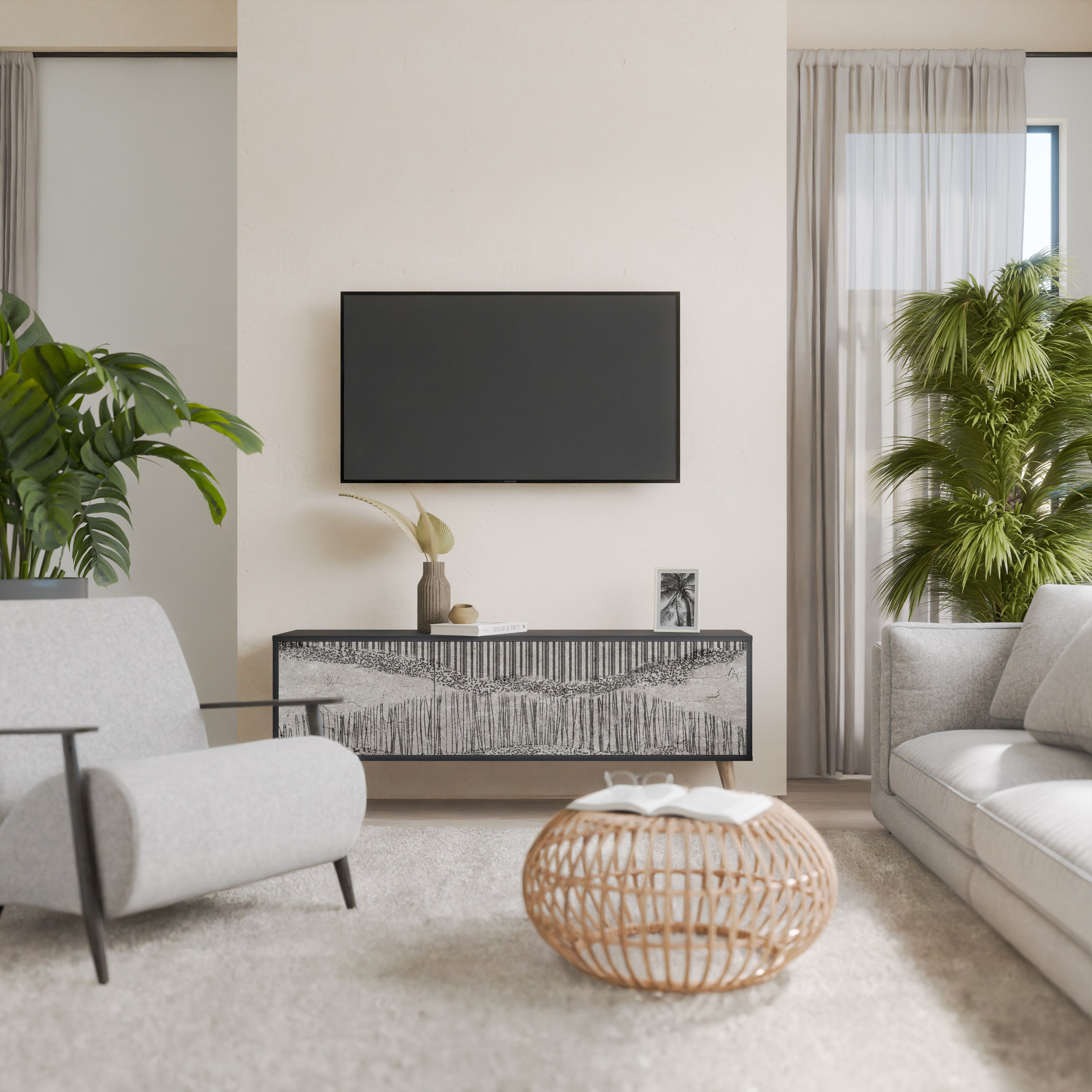 Mueble de TV de 3 puertas GRAIN LINES con acabado negro