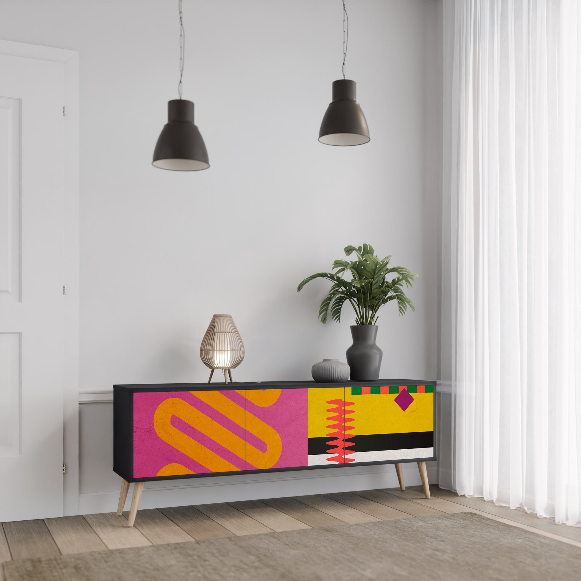 Mueble de TV VIVID ART de 3 puertas con acabado negro