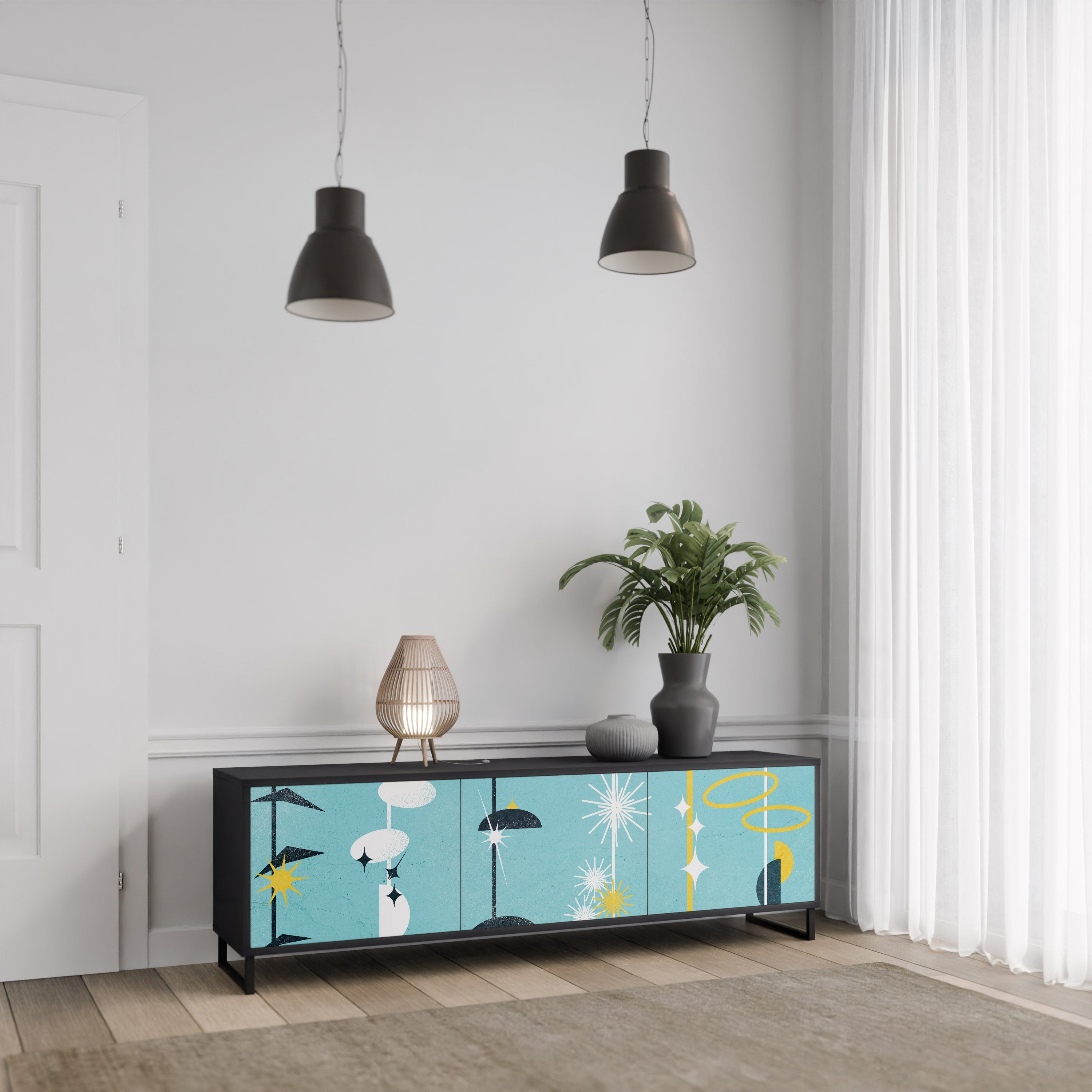 CAMINOS A LA FELICIDAD Mueble de TV de 3 puertas en acabado negro