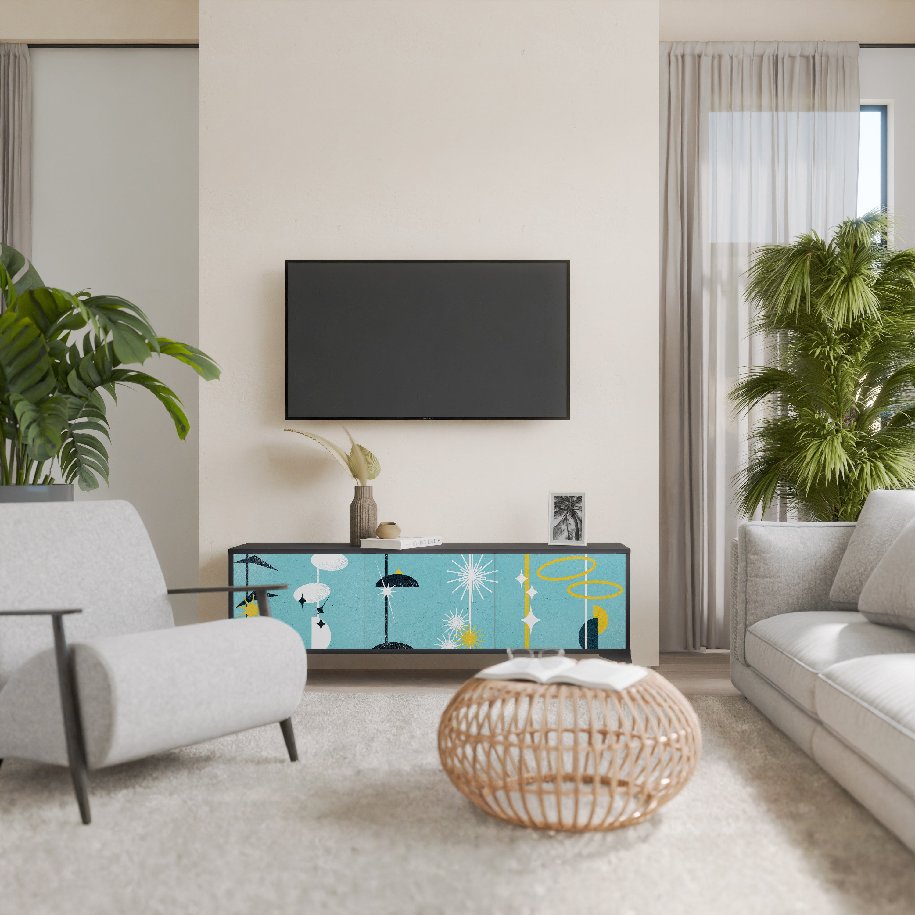 CAMINOS A LA FELICIDAD Mueble de TV de 3 puertas en acabado negro