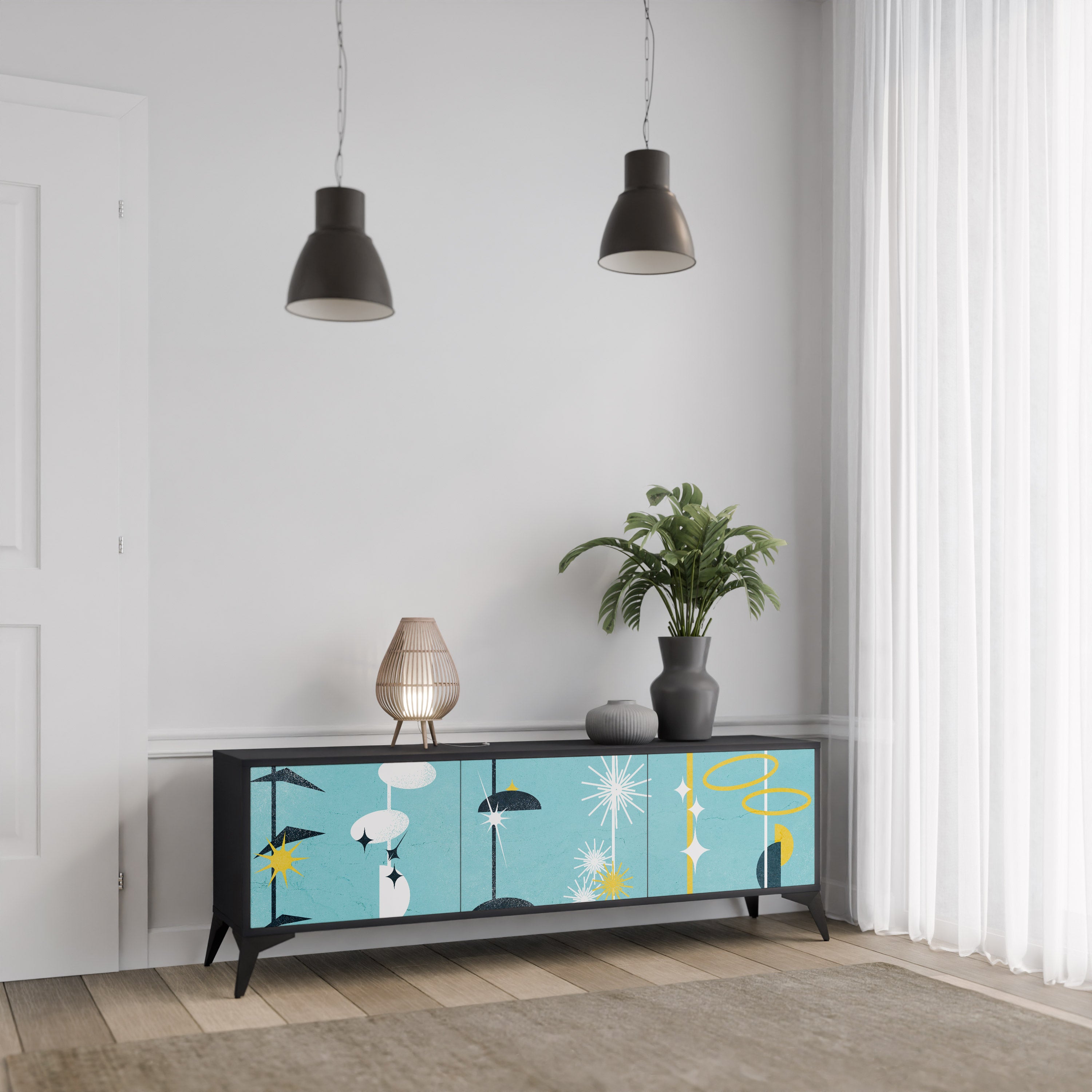 CAMINOS A LA FELICIDAD Mueble de TV de 3 puertas en acabado negro