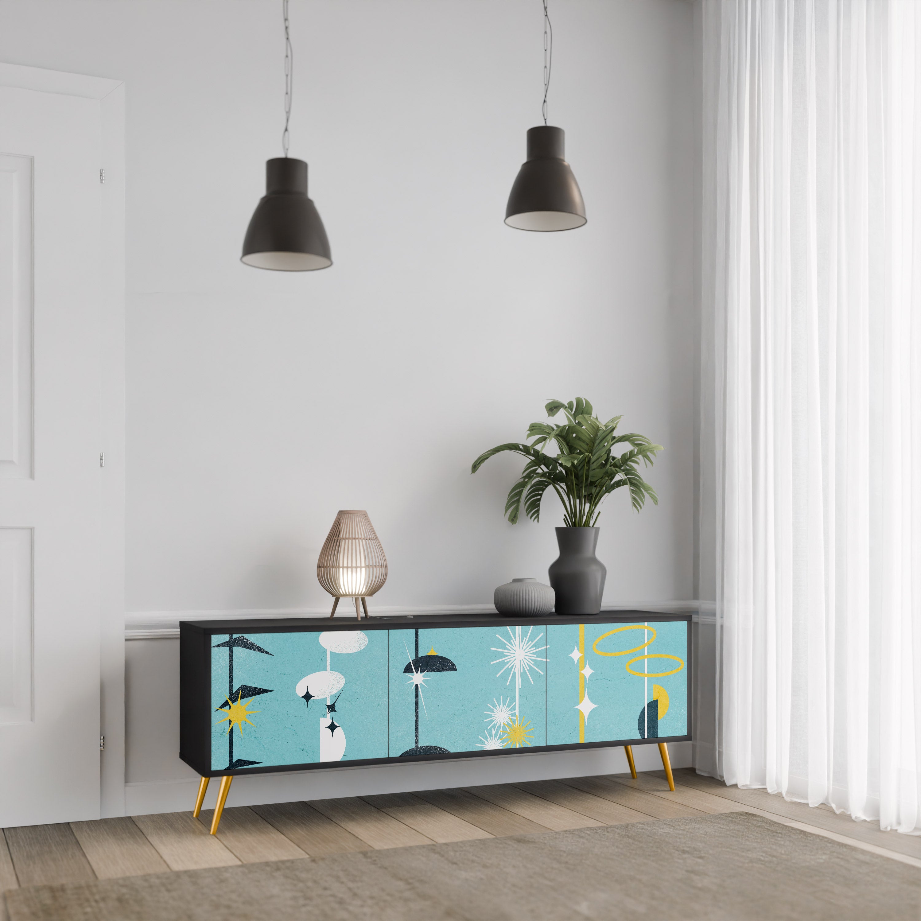 CAMINOS A LA FELICIDAD Mueble de TV de 3 puertas en acabado negro