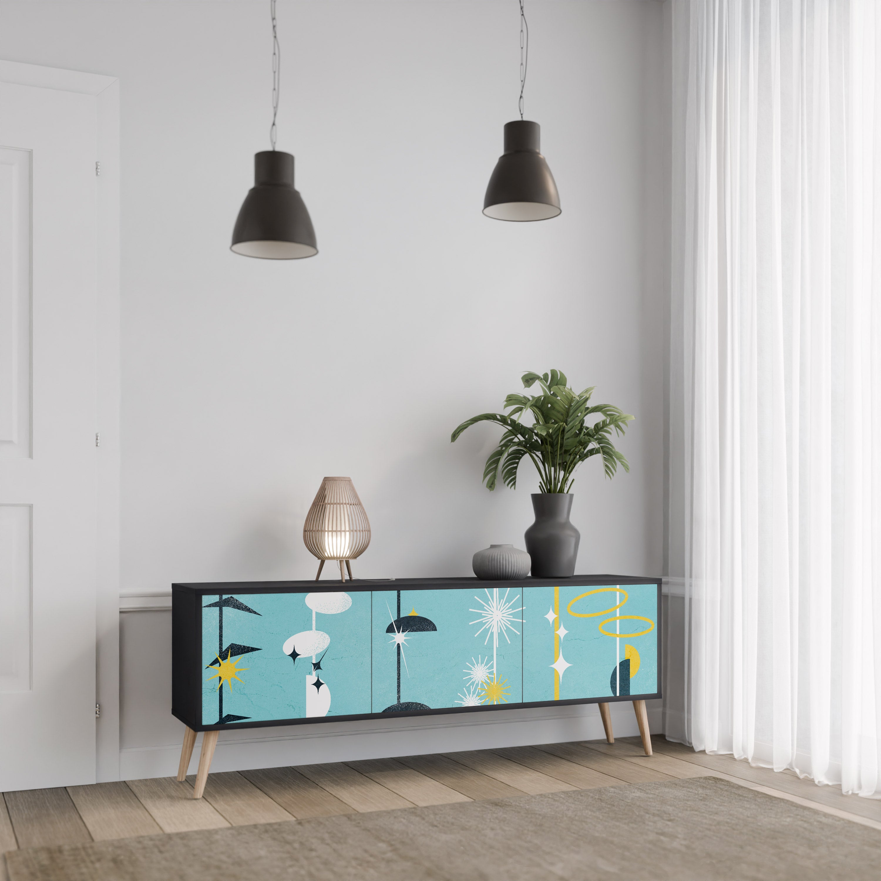 CAMINOS A LA FELICIDAD Mueble de TV de 3 puertas en acabado negro