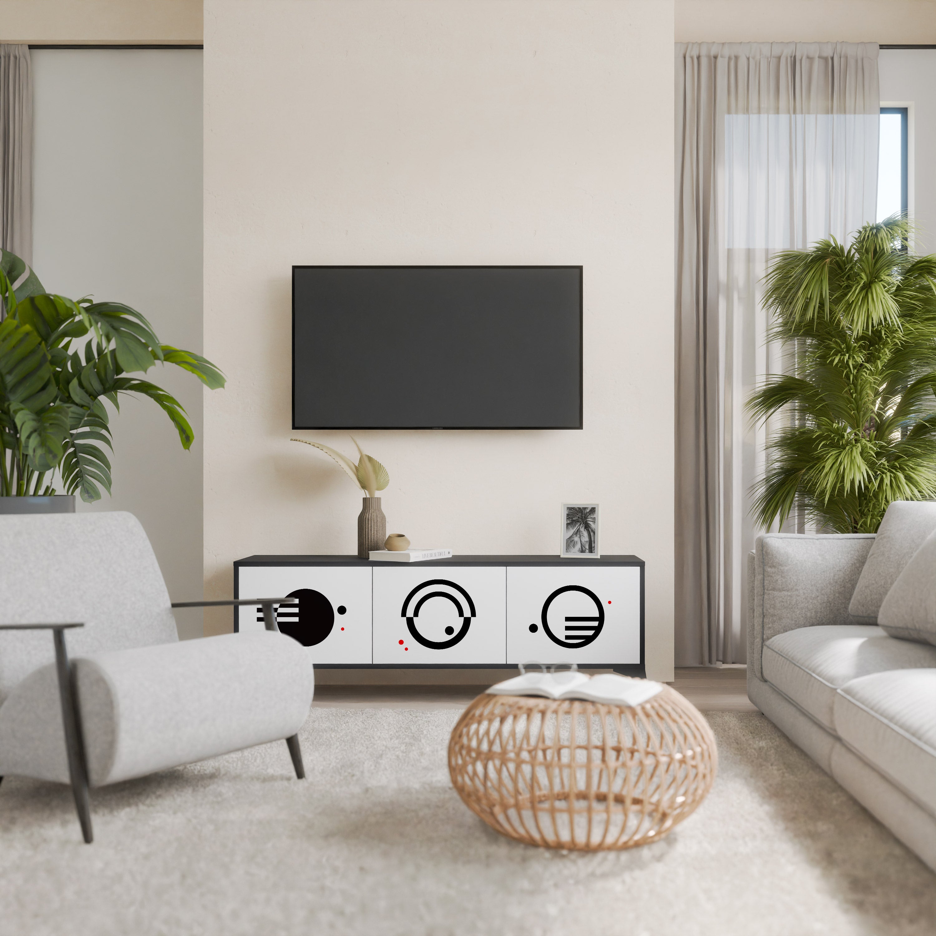 Mueble de TV de 3 puertas COMBINACIÓN BLANCO Y NEGRO en acabado negro
